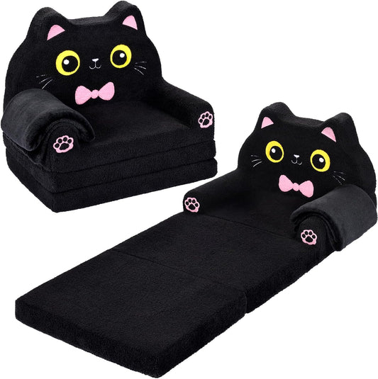 Kids Couch, 2-in-1 Soft Toddler Couch Fold Out with Blanket, Chair Comfy, Foldable Convertible Plush Sofa to Lounger, Gifts for Kids Girl Boys, Black Kitty