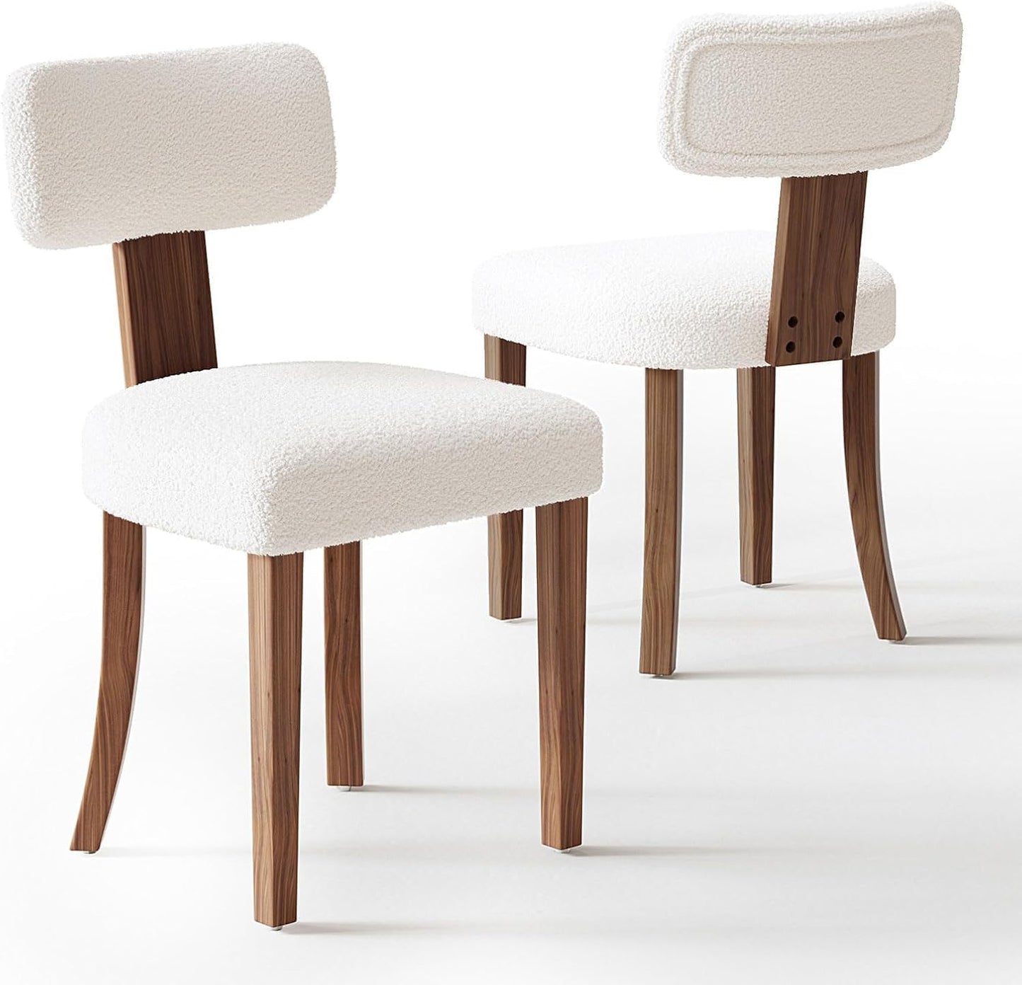 Farmhouse Chair Set of 2, Mid Century Modern Dining Chairs, Sherpa Upholstered Kitchen Chairs with Curved Backrest & Adjustable Legs for Living Room/Bedroom, Easy to Install, White Sherpa