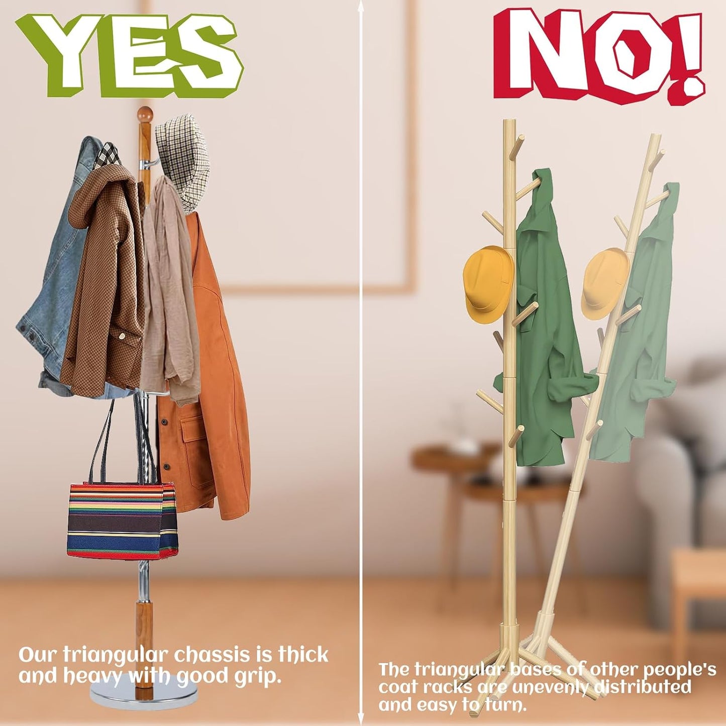 68 in Wood Coat Rack, Coat Rack Freestanding with Stable Round Base, Adjustable Height Tree Coat Racks Stand for Home Bedroom Office Hallway Entryway (Solid Wood Metal Hook)