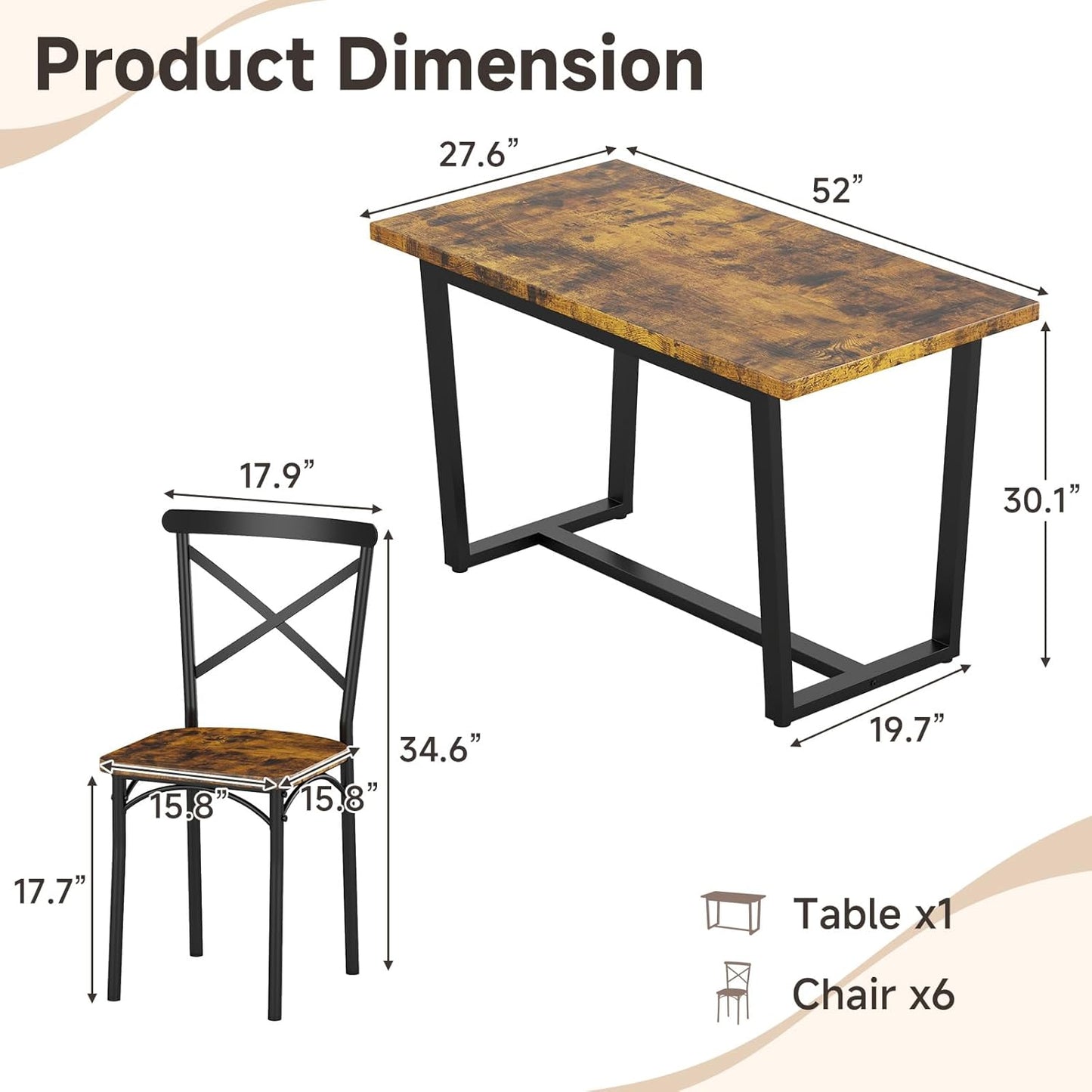 7-Piece Dining Table with Chairs Set, Rectangular Metal Frame Table with 6 Chairs, Modern Table Furniture Set for Kitchen, Dining Room and Living Room, Brown
