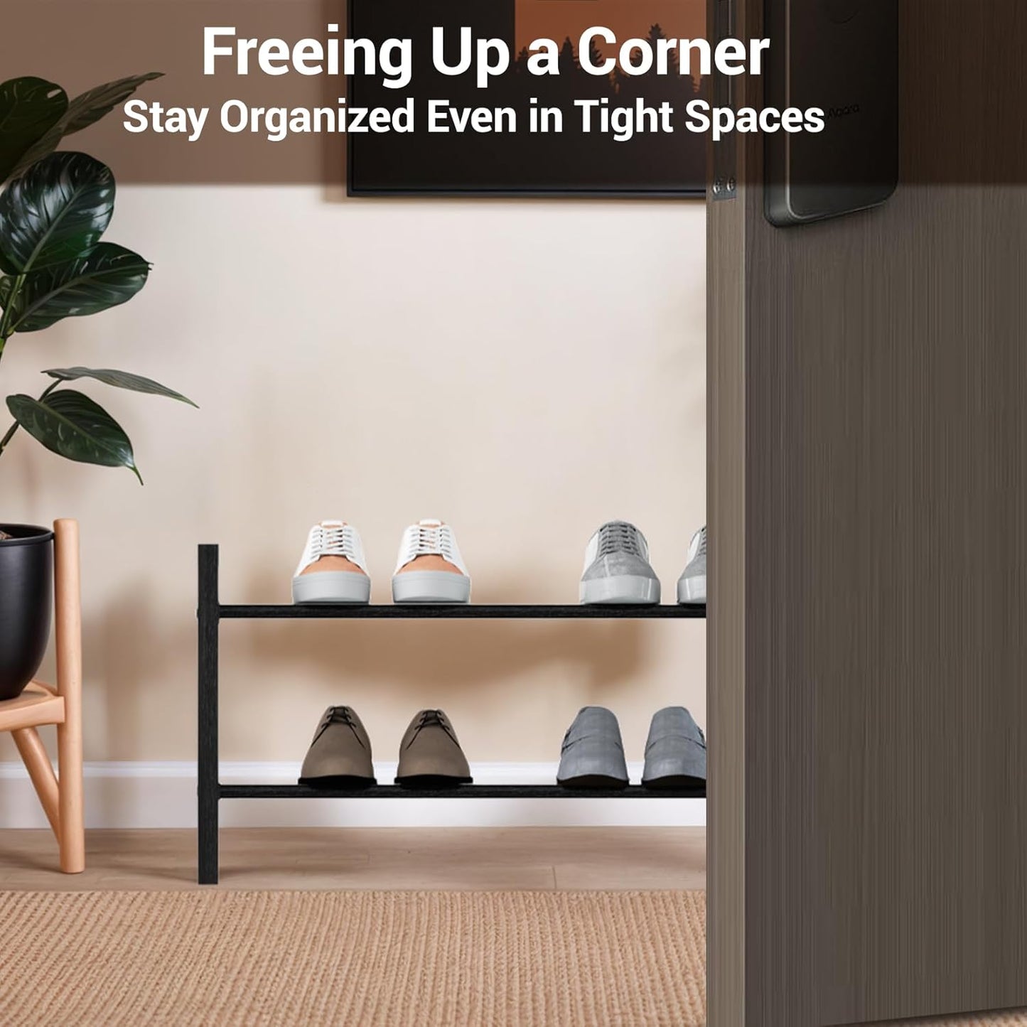 Haddockway Bamboo Shoe Rack for Closet, Free Standing Shoe Organizer with Smooth Round Rods & Convenient Handles, Stackable Shoe Storage Shelf for Entryway, Hallway(Black, 2-Tier(Small))