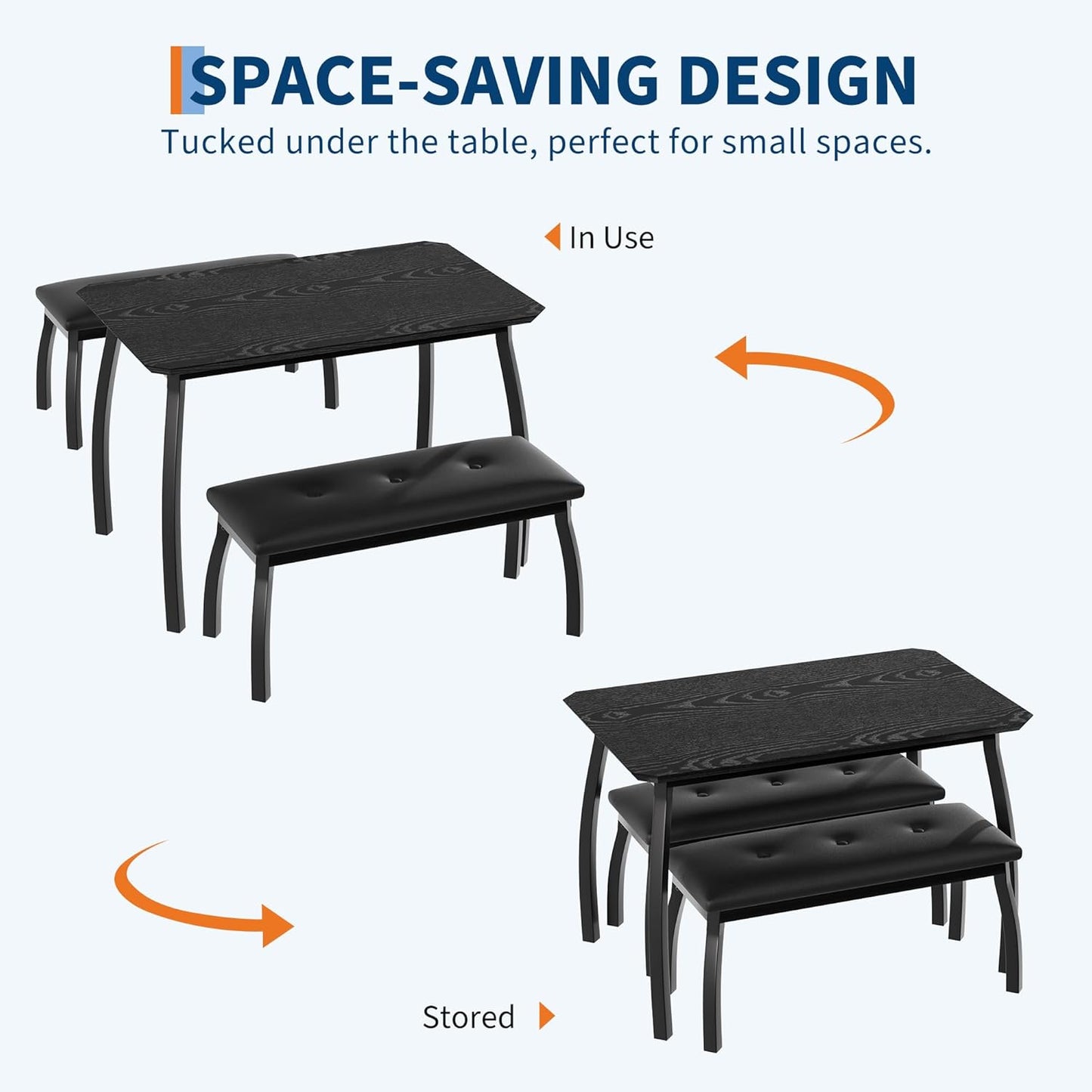 GAOMON Dining Table Set for 4, Metal Frame Kitchen Table Set with 2 Upholstered Bench, 3 Piece Dining Room Table Furniture for Apartment, Studio, Home, Easy Assembly, Black