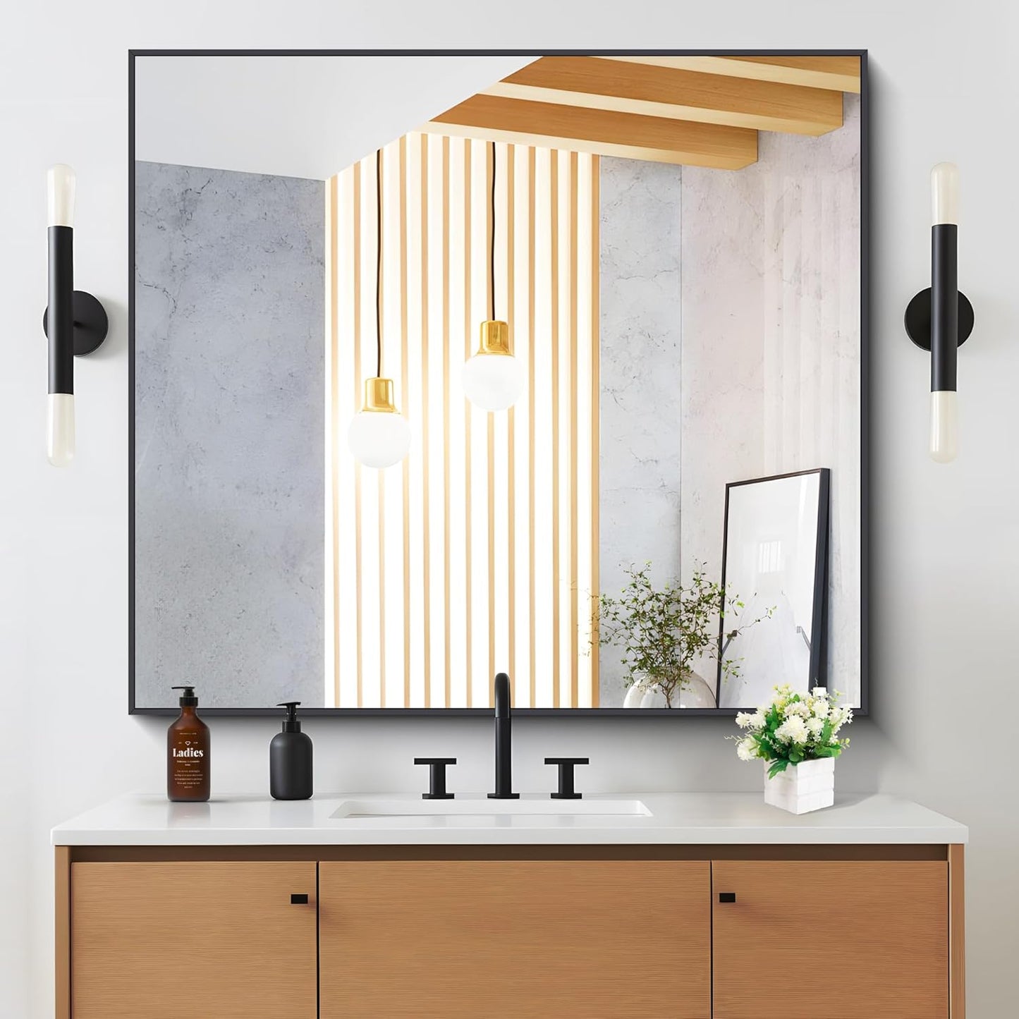 Black Bathroom Mirror for Wall, 36x40 Inch Rectangle Mirrors with Metal Frame, Modern Vanity Wall Mirror Decor for Entryway Hangs, Bathroom Living Room Horizontal or Vertical