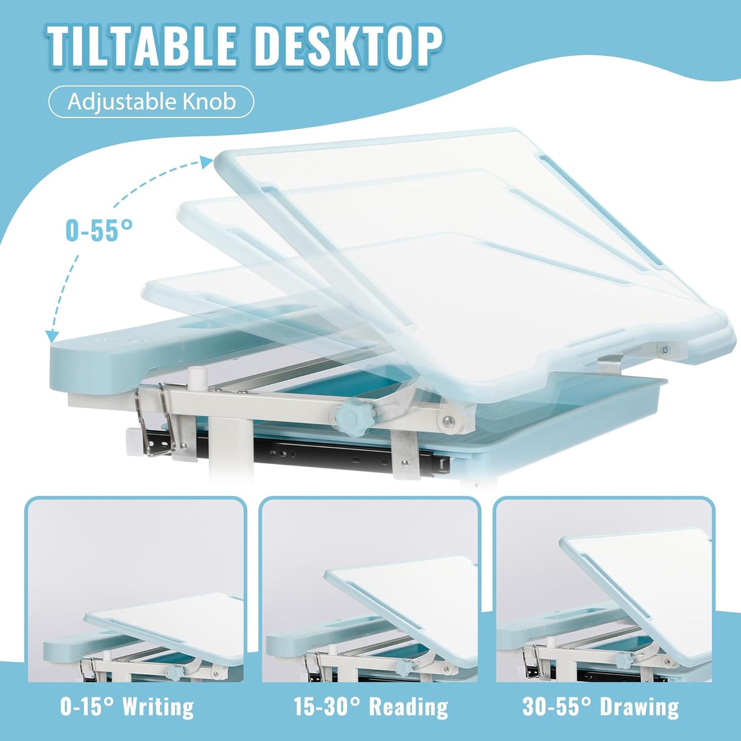 Rengue Kids Desk and Chair Set Height Adjustable School Study Desk and Chair with 55° Tiltable Desktop, 3 Modes &3 Brightness LED Lamps, Storage Drawer and Metal Hook for Boys Girls Gifts (Blue)