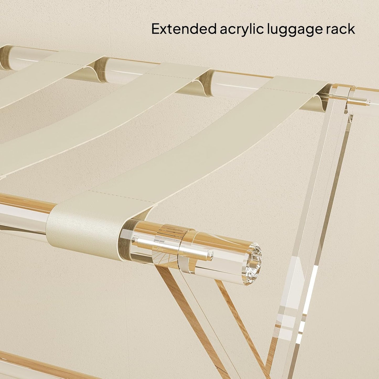 Sumerflos Acrylic Luggage Rack for Guest Room - Foldable Suitcase Stand with Leather Straps for Bedroom Living Room Hotel Heavy-Duty, Holds up to 50-100 lb lightweight Space Saving (Beige & Handle - 2 Pcs)