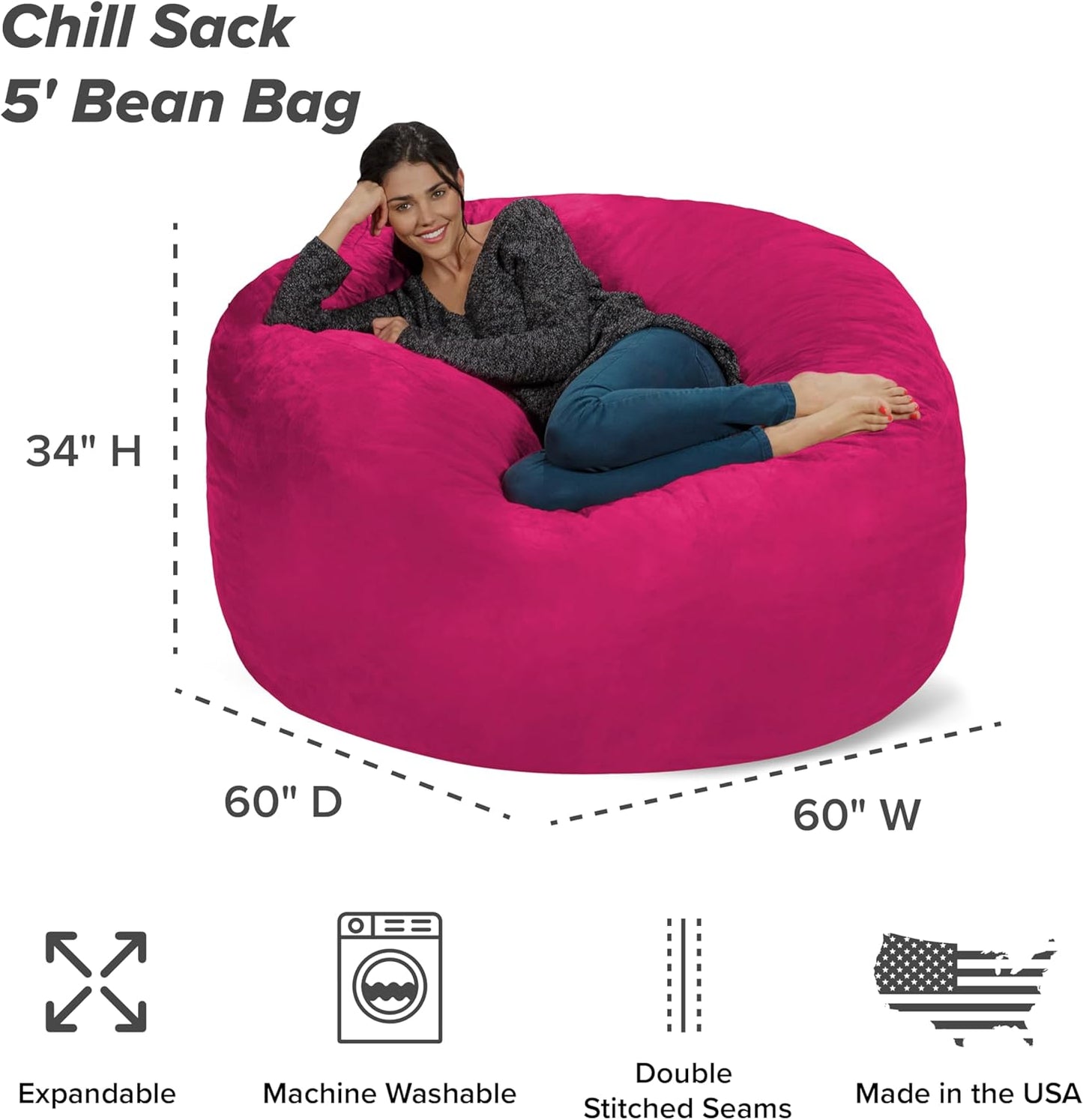 Chill Sack Bean Bag Chair: Giant 5' Memory Foam Furniture Bean Bag - Big Sofa with Soft Micro Fiber Cover - Pink