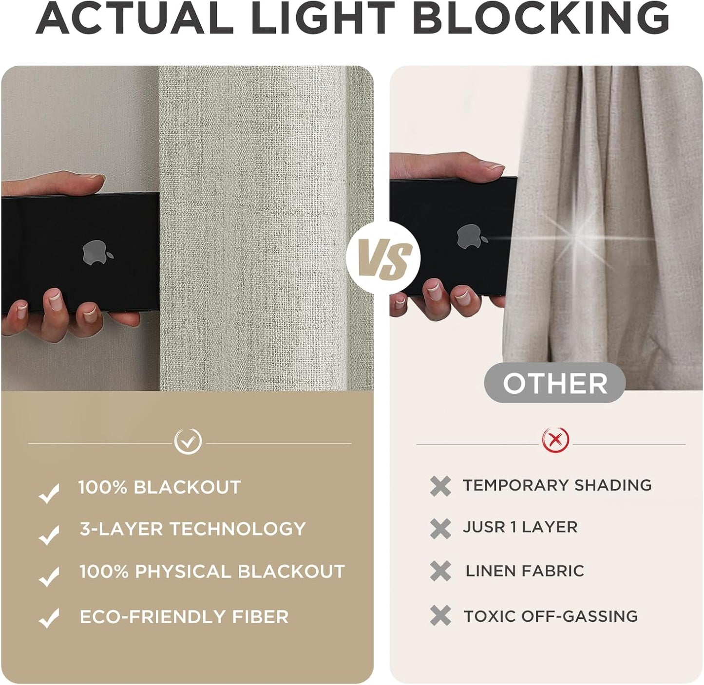 Joydeco 100% Blackout Curtains for Bedroom - Natural Linen Curtains 52" W x 120" L Long, Thermal Insulated 2 Panels Light Beige. Room Darkening Light Blocking Drapes for Living Room