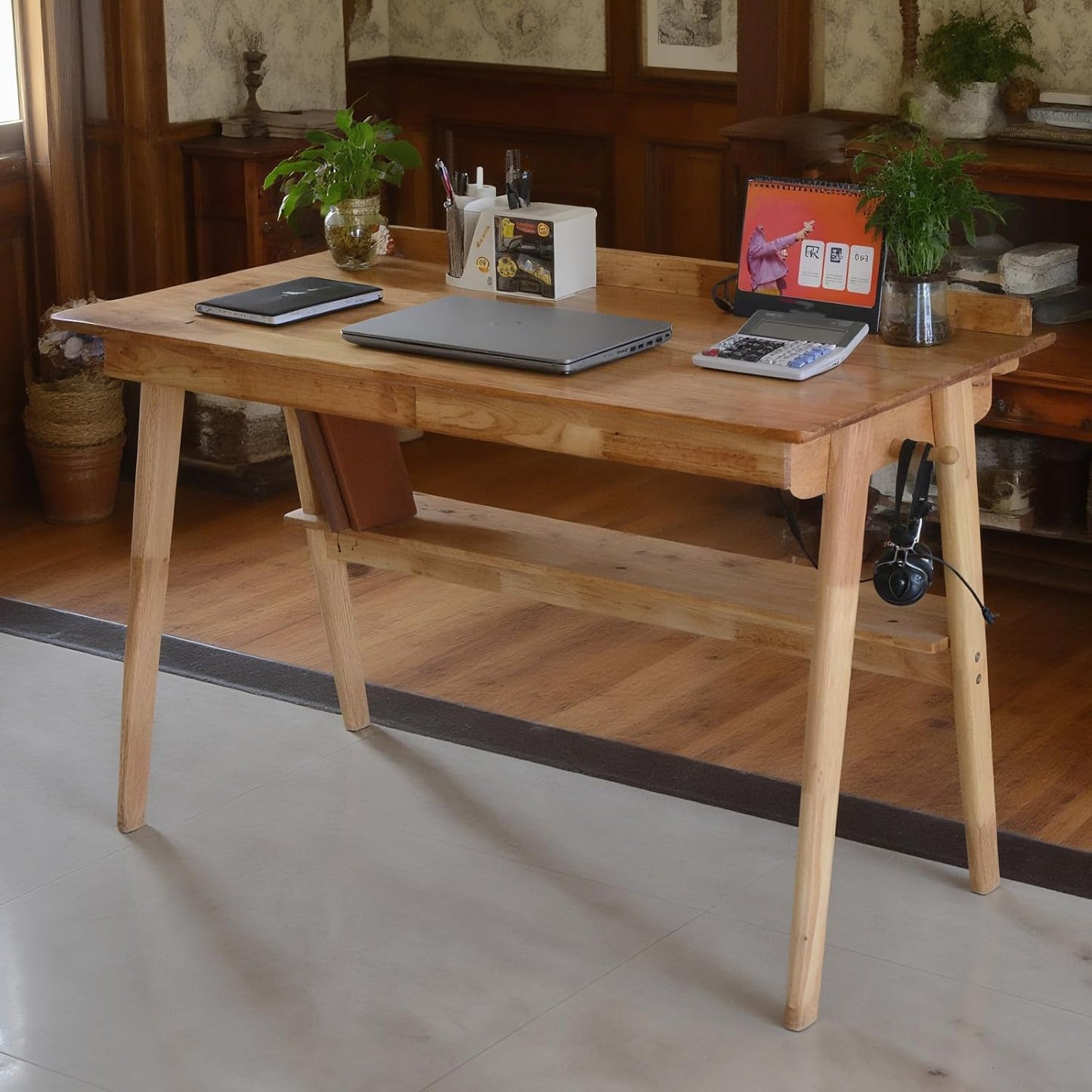 Oak Desk with Drawers, Solid Wood Desk with Bookshelf Small Computer Desk for Small Spaces Mid-Century Modern Wood Writing Desk with 2 Drawers for Home Office 39"