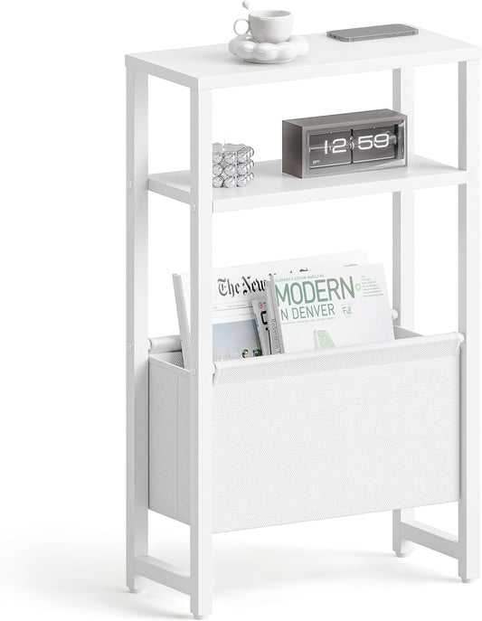 Narrow Side Table, Slim End Table with Magazine Rack, Bedside Table for Small Spaces, 3 Tier Sofa Couch Table Nightstand for Living Room, Bedroom, White LET503W