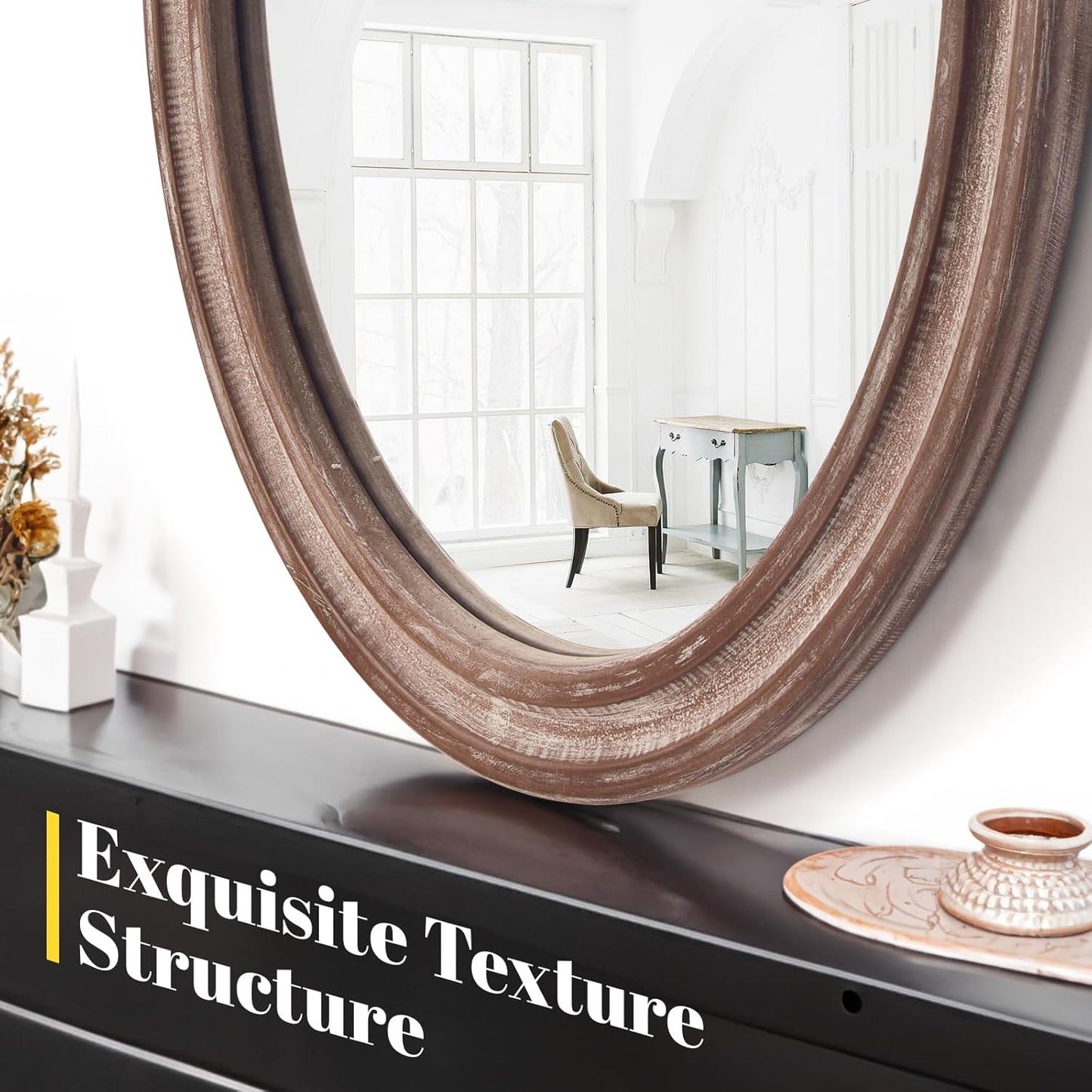 sawsile 24x30'' Rustic Oval Wood Mirror,Decorative Farmhouse Oval Mirrors,Vanity Nature Mirrors for Bedroom, Bathroom, Living Room,or Entryway