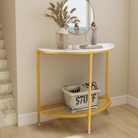 Entry Table Narrow Livingroom Furniture: 2 Tier Modern Console Table with Gold Frame and Imitation Marble Top for Kitchen Bedroom Hallway Living Room Office and More (Gold)