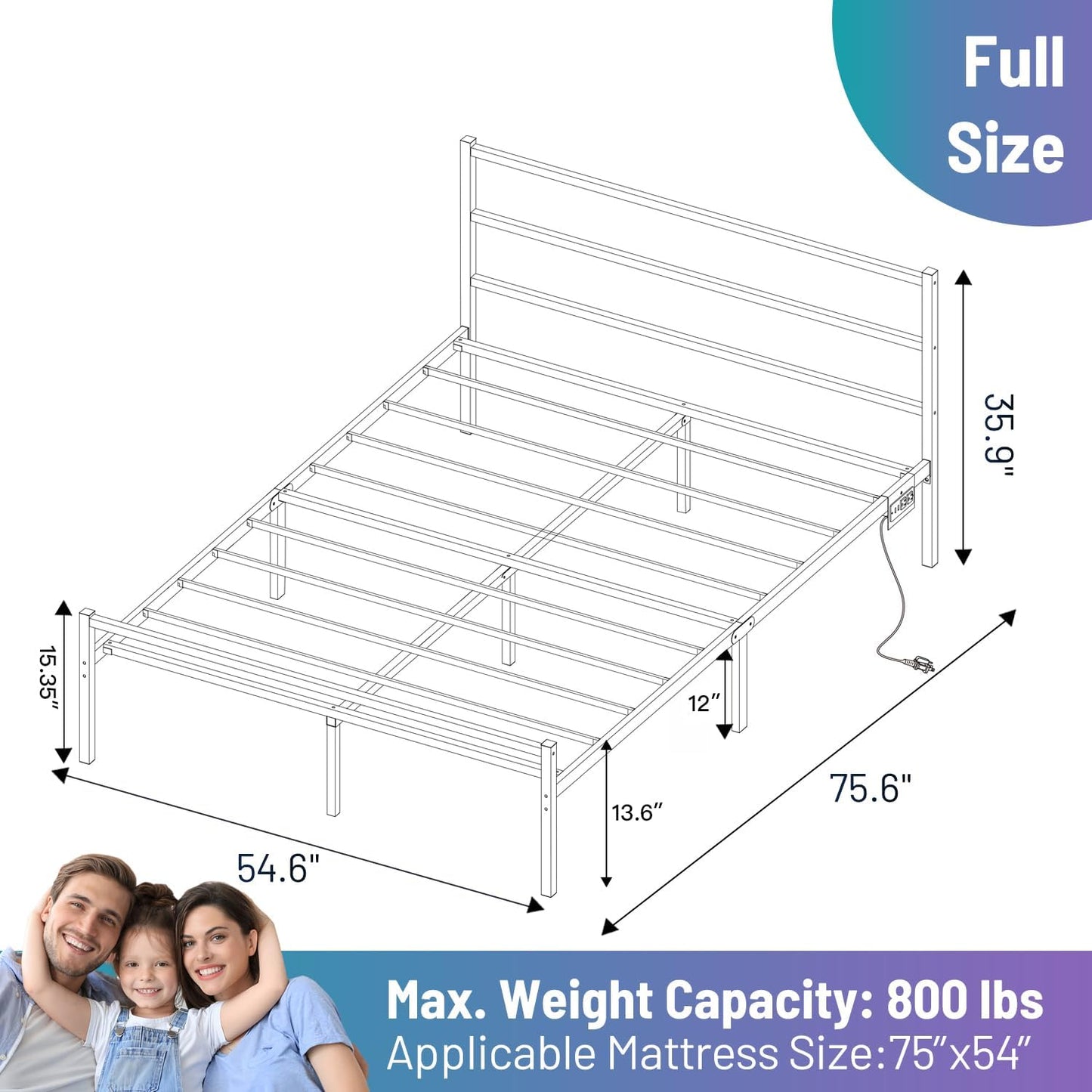 Full Size Bed Frame with Headboard,Heavy Duty Steel Slats Support-LED Bed Frame with USB Charging Station,Mattress Foundation-Under Bed Storage,No Box Spring Needed,Noise Free,White