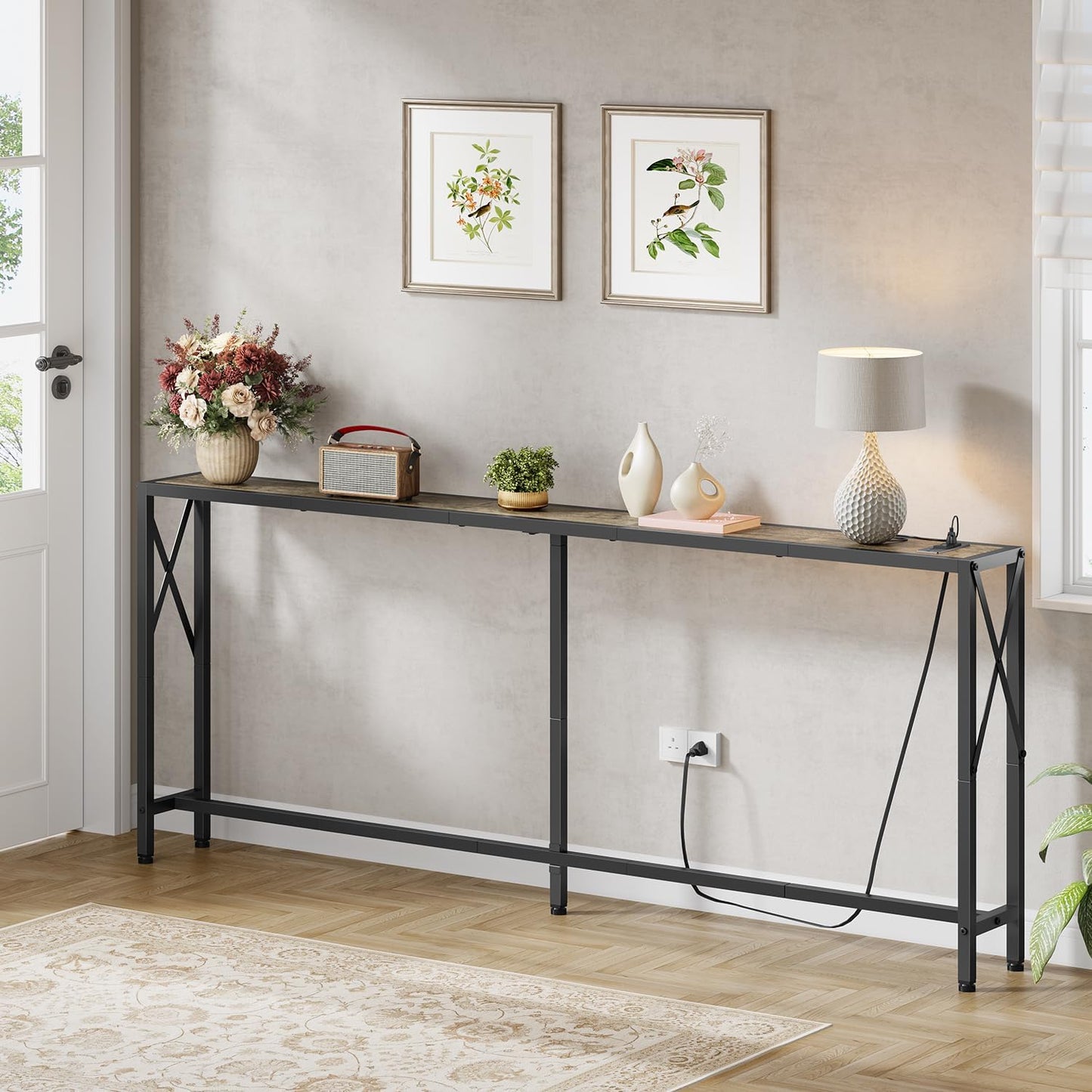 70" Sofa Tables Narrow Long, Behind Couch Table with Oulets & USB Ports, Industrial Long Skinny Stand for Entryway,Hallway, Living Room, Bedroom 7.9" D x 70" W x 24.8" H