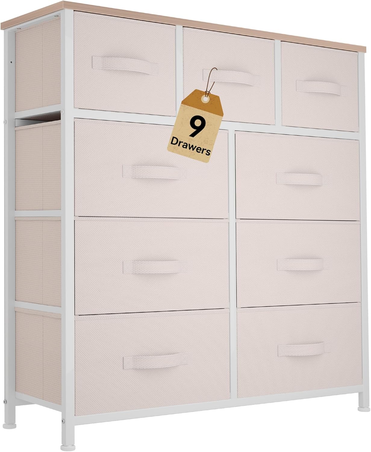 DWVO Dresser with 9 Drawers - Fabric Storage Tower, Organizer Unit for Living Room, Hallway - Sturdy Steel Frame, Wooden Top & Easy Pull Fabric Bins