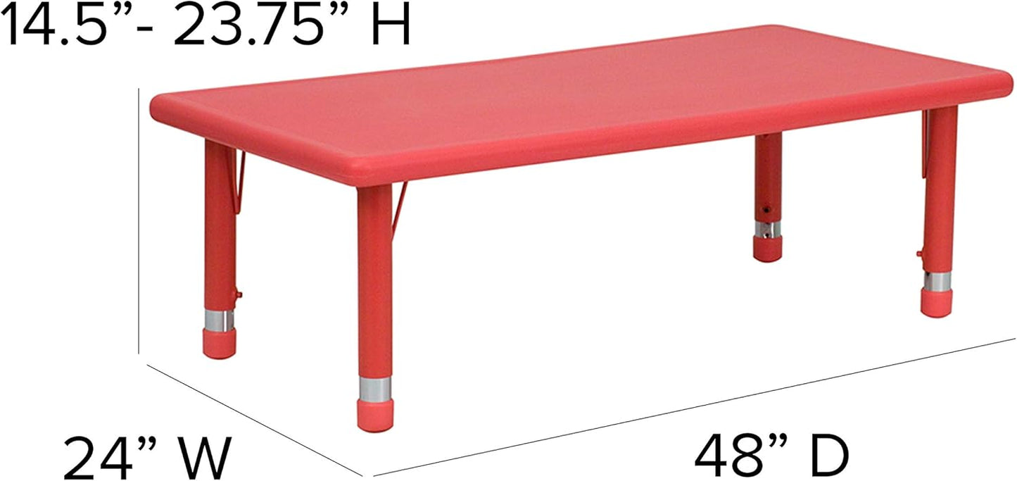 Flash Furniture Emmy 24''W x 48''L Rectangular Red Plastic Height Adjustable Activity Table Set with 6 Chairs