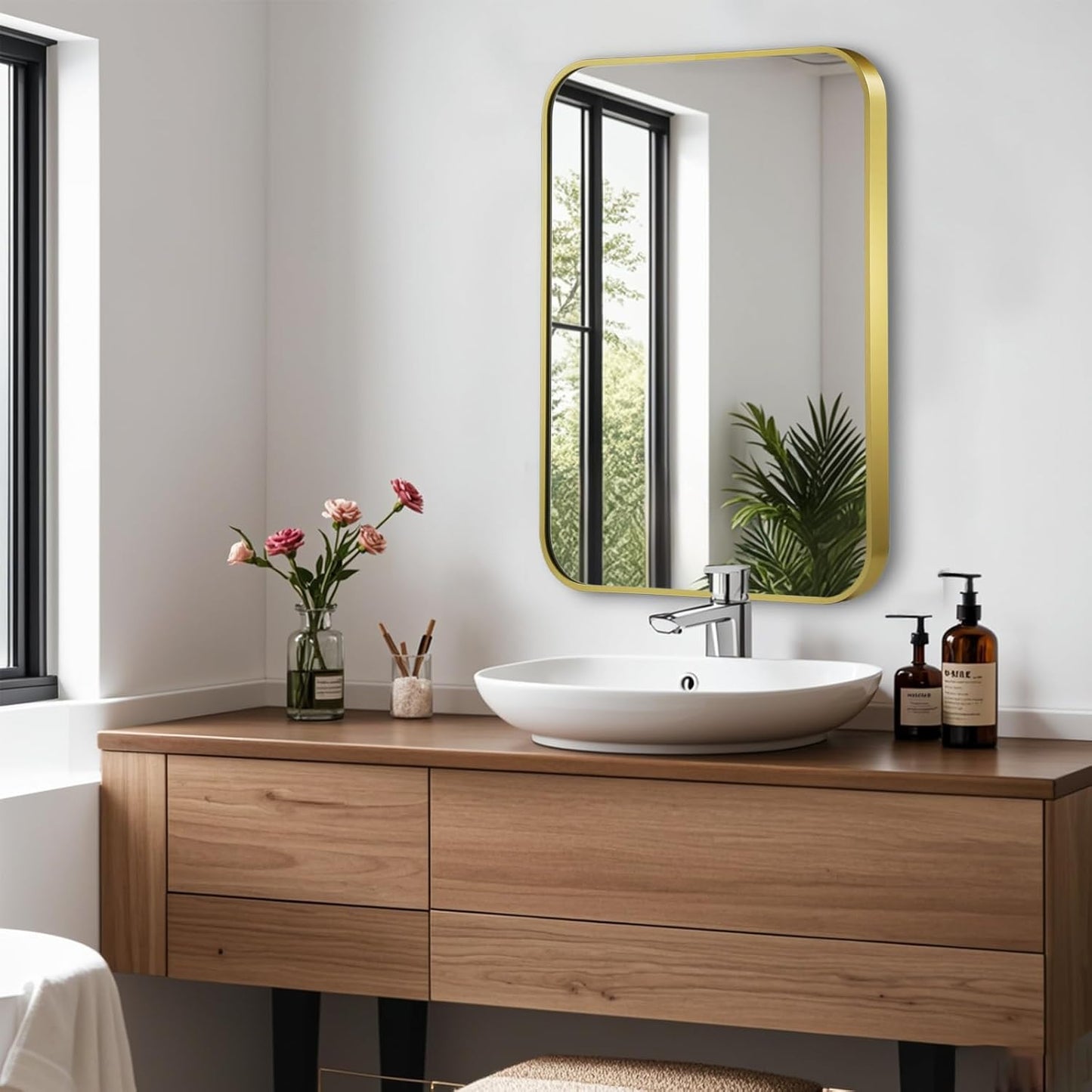 16x24 Inch Gold Mirror, Framed Rectangle Mirror with Rounded Corner, Brushed Brass Mirror, Gold Bathroom Mirror for Over Sink, Vanity, Living Room, Bedroom, Horizontal/Vertical