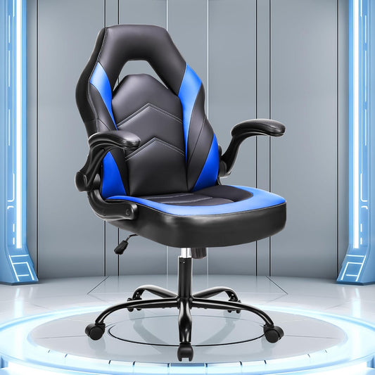 OLIXIS Computer Gaming Chair - PU Leather Ergonomic Lumbar Support with Flip-up Armrest and 360° Swivel Wheels, Height Adjustable Task Home Office Desk Video Racing, Blue