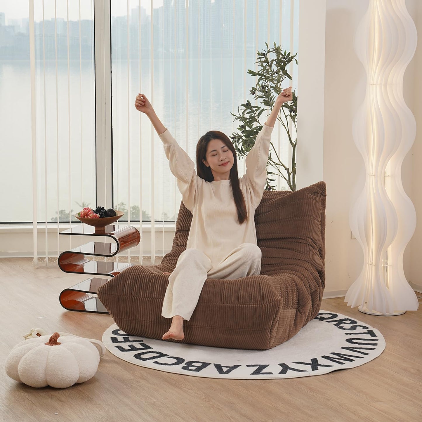 N&V Mid Century Armless Floor Sofa, Soft Premium Corduroy Lounge Chair, Foam Accent Chair for Living Room, Bedroom & Office, Ivory