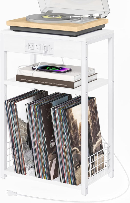 LELELINKY 3 Tier End Table with Charging Station, White Record Player Stand with Storage Up to 100 Albums Brown, Night Stand with USB Port, Nightstand for Small Spaces