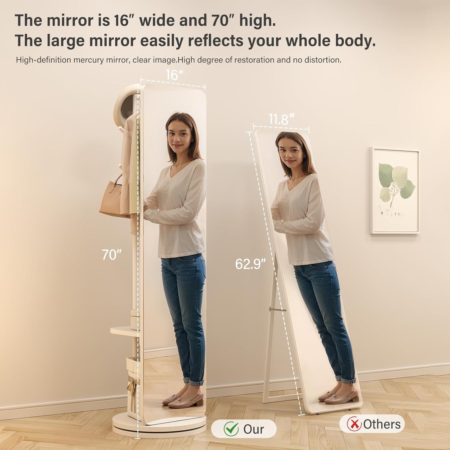 70"x16"Full Length Mirror with Stand,Coat Rack with Mirror,Solid Wood Floor Mirror,Swivel Mirrorfor Bedroom, Living Room, Cloakroom