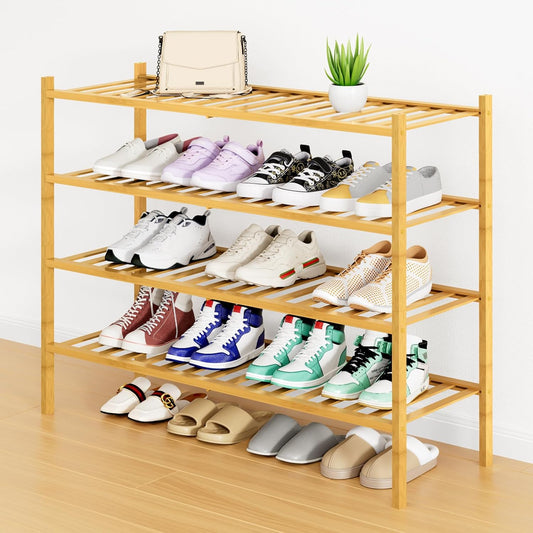 Smiry Shoe Rack, 4 Tier Long Bamboo Shoe Organizer, Stackable Free Standing Wooden Shoe Storage Shelf for Closet, Entryway, Front Door Entrance, Natural