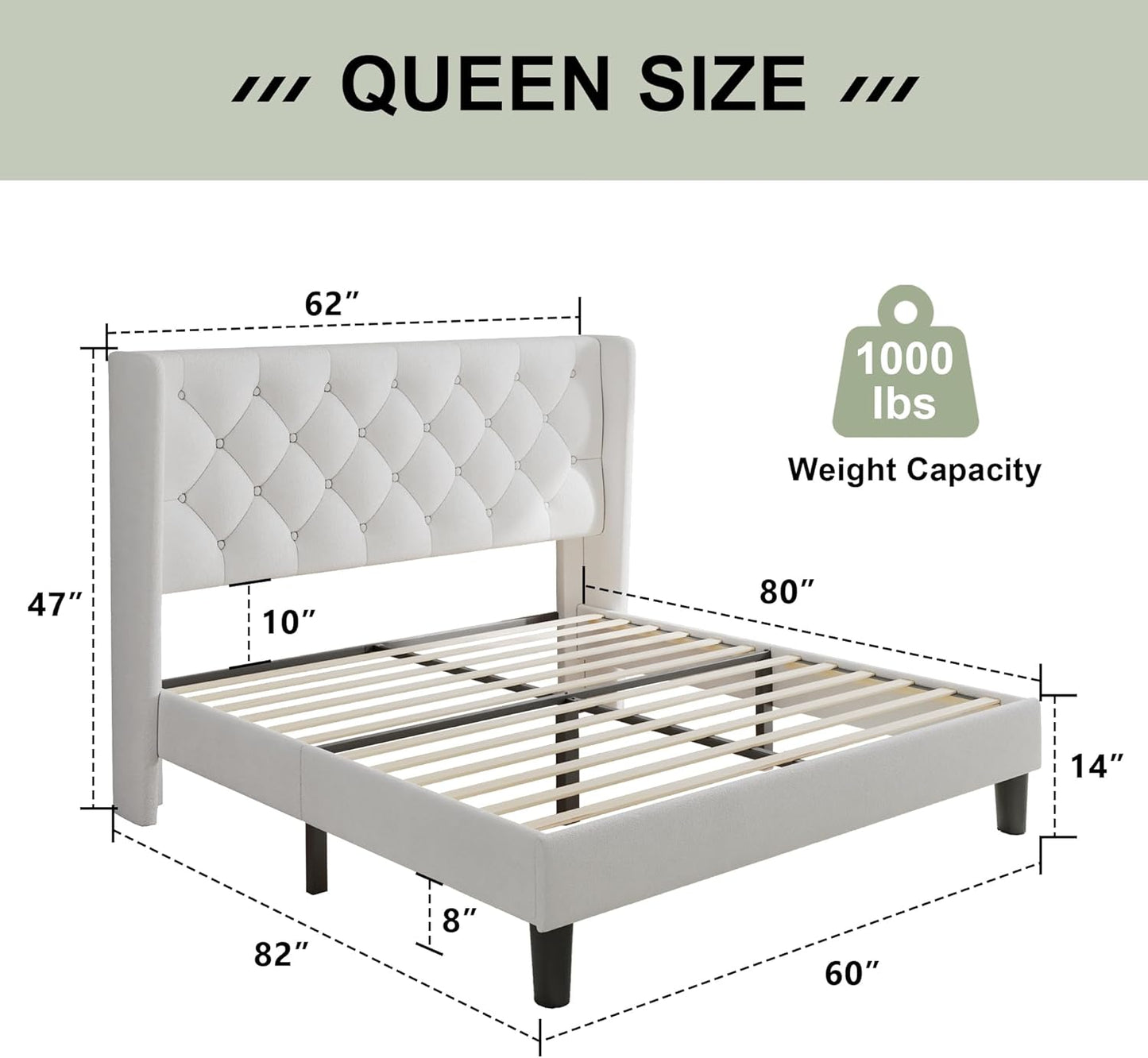 Feonase Queen Size Bed Frame with Diamond Tufted Wingback Headboard, Upholstered Platform Bed, Sturdy Wooden Slats Support, Noise-Free, No Box Spring Needed, Easy Assembly, White