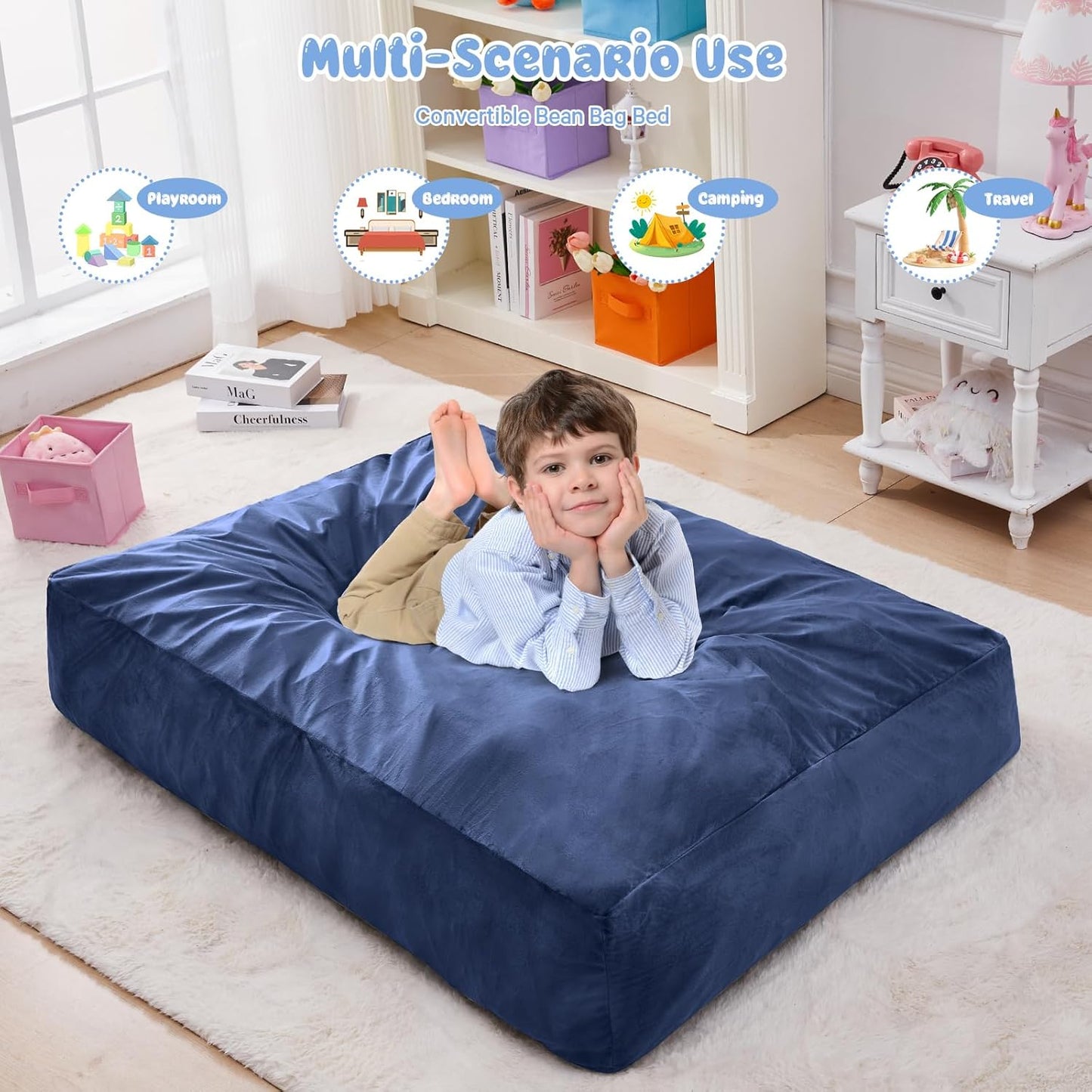 Kids Bean Bag Chair Bed - Convertible Lazy Chair to Floor Mattress with Filler - Small Beanbag Chair for Boys and Girls - Floor Couch Sofa in Bedroom, Classroom, Reading Nook - Navy Blue