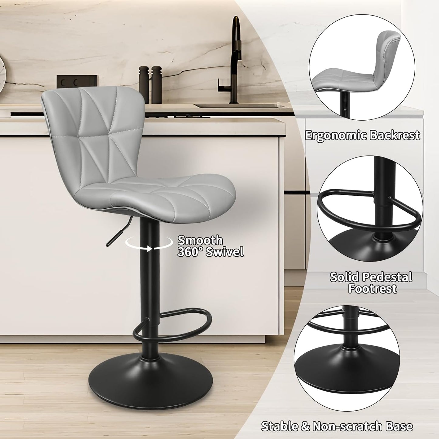 Bar Stools Set of 2, Adjustable Swivel Bar Chairs with Shell Back, PU Leather Counter Height Bar Stools for Kitchen lsland, Light Grey