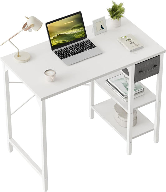 CubiCubi Computer Desk, 35 Inch Small Home Office Desk with Drawer Storage Shelves for Small Space, Writing Study Desk, White