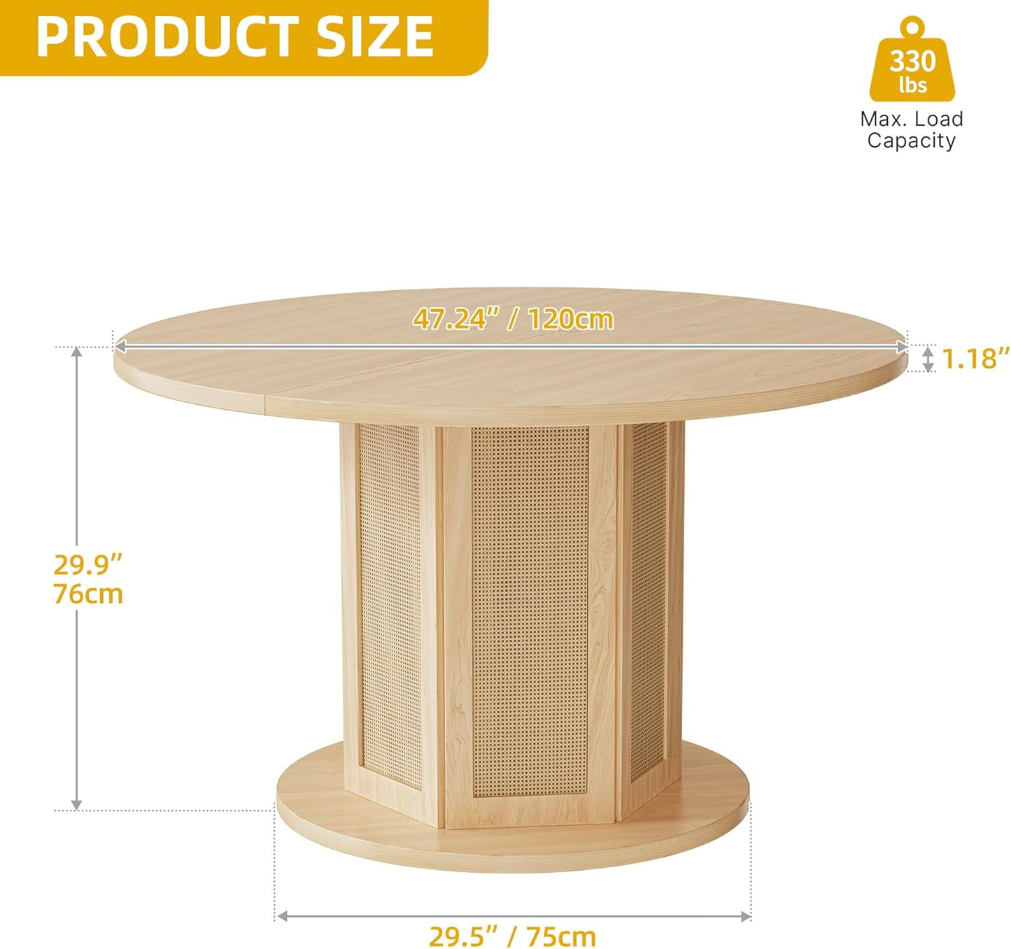 DWVO Round Dining Table for 4-6 People 47 Inch Farmhouse Kitchen Table with Rattan Circular Base Wooden Dinner Table for Dining Room Family Gathering, Natural Oak