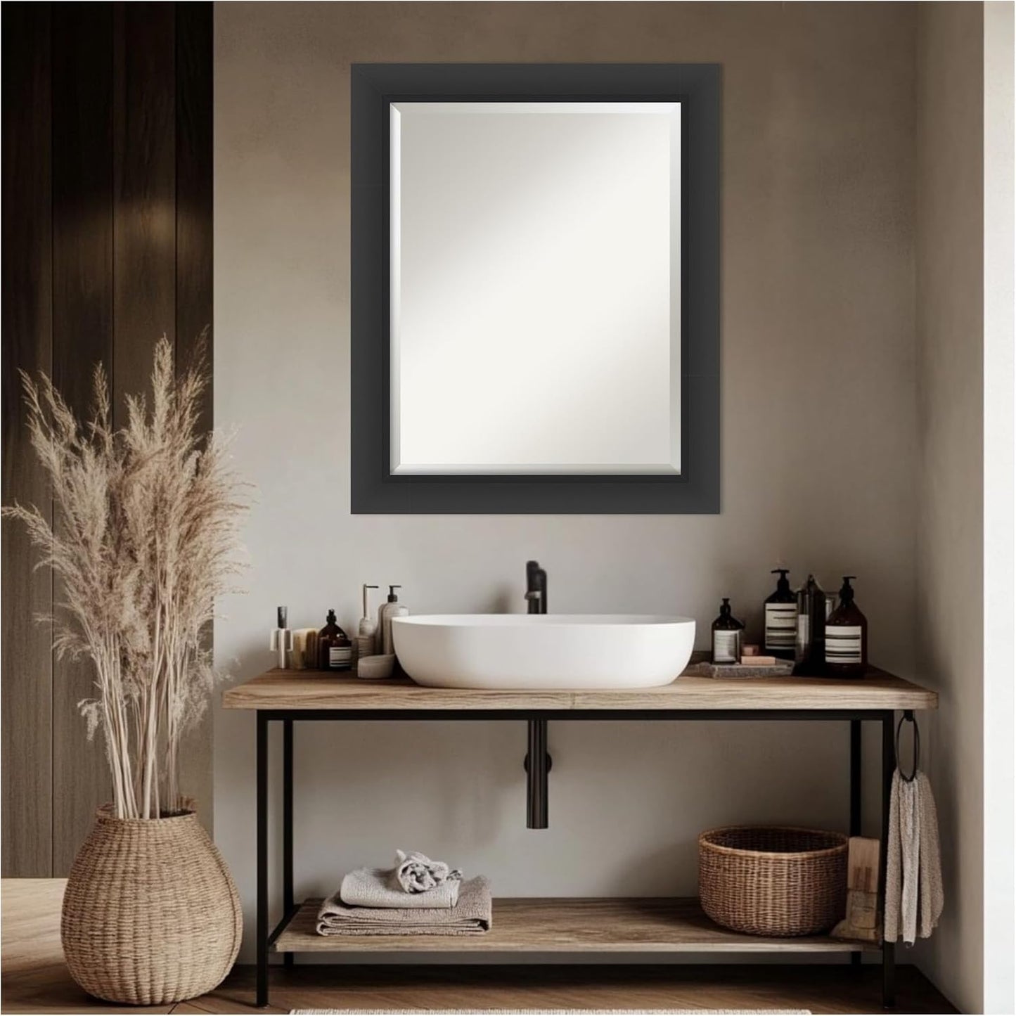 Amanti Art Black Bathroom Mirror for Over Sink, 28x34 Sloped Black Rectangle Vanity Mirror, Large Modern Contemporary Frame, Hangs Horizonally and Vertically, Bathroom Wall Decor, Beveled Edge