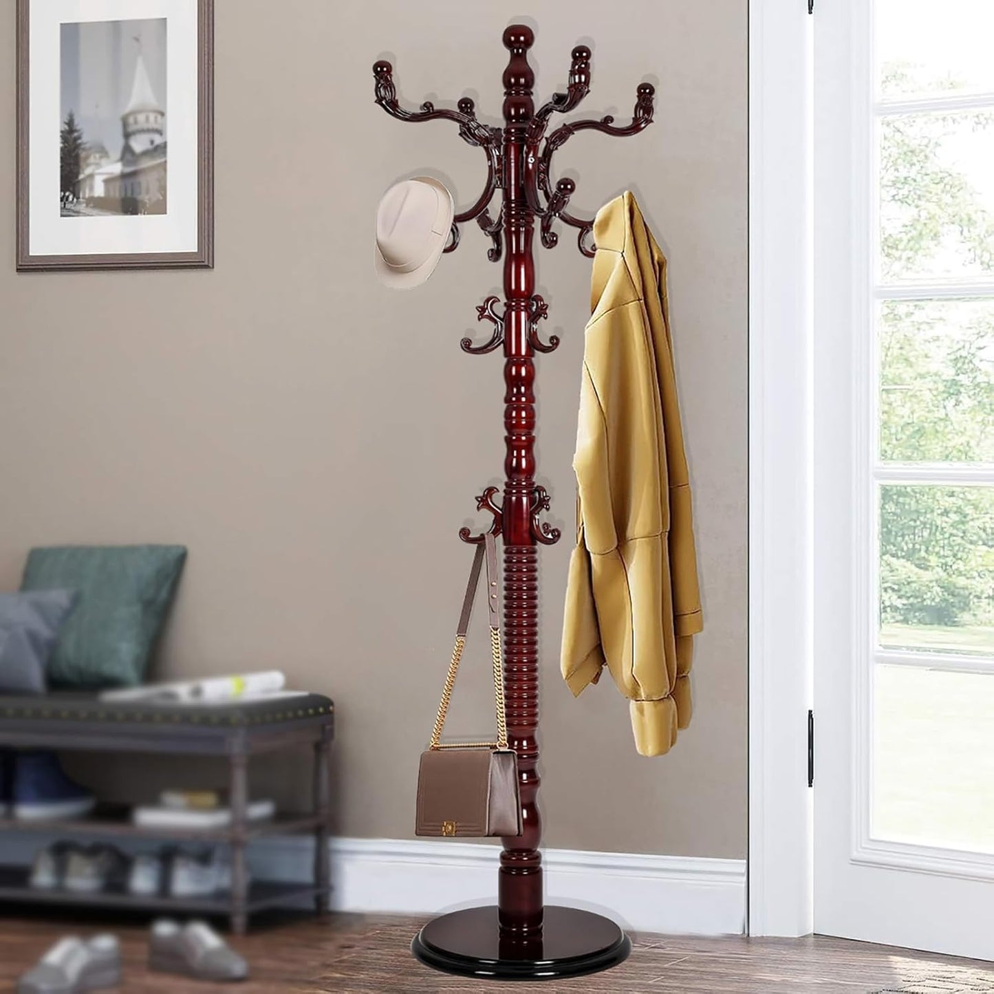 73" Wooden Coat Rack Stand,Coat Racks Freestanding With 14 Hooks And Solid Round Base Heavy Duty Adjustable Height Hall Tree Coat Rack for Entryway Hallway Foyer Office Bedroomf (Red sandalwood)