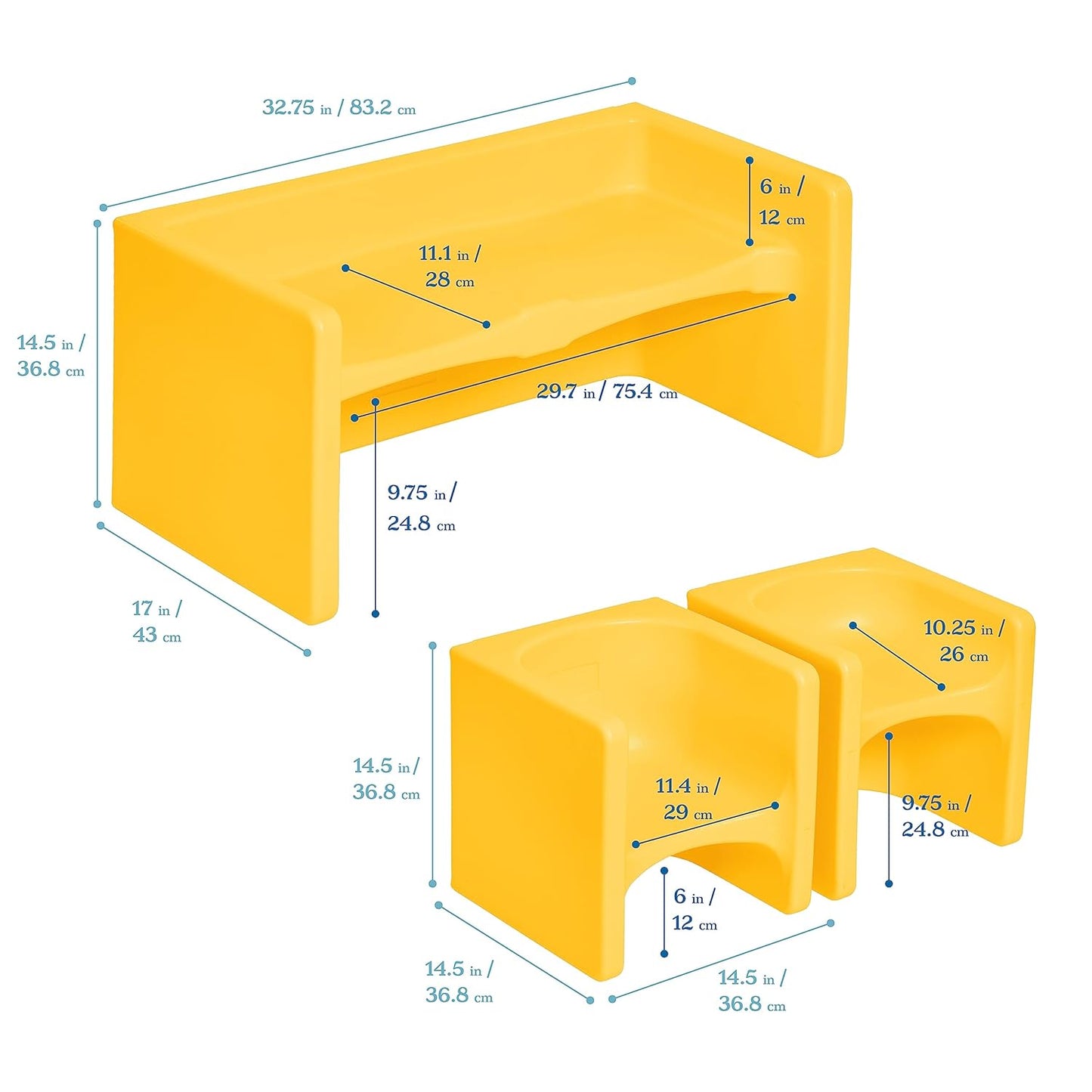 ECR4Kids Tri-Me Table and Cube Chair Set, Multipurpose Furniture, Yellow, 3-Piece