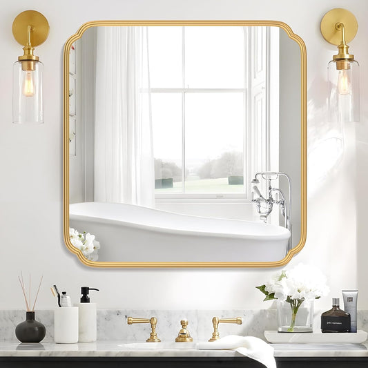 Gold Bathroom Mirror for Wall 36" x 36" Square Bathroom Vanity Mirror Farmhouse, Large Rounded Rectangle Mirror, Anti-Rust, Tempered Glass, Hangs Horizontally or Vertically