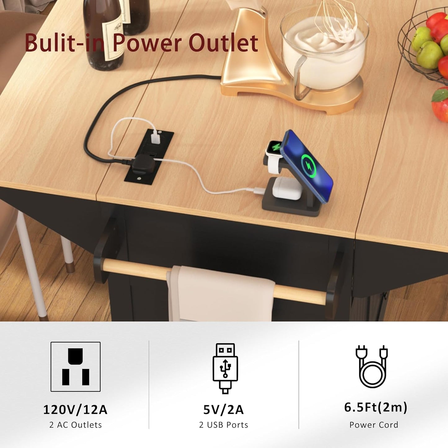 56" Large Kitchen Island with 2 Drop Leafs,Rolling Kitchen Cart on 5 Wheels W/Power Outlet & 3 Drawers,Folding Storage Dining Table W/Spice & Towel Racks,for Kitchen,Dining Room,Black