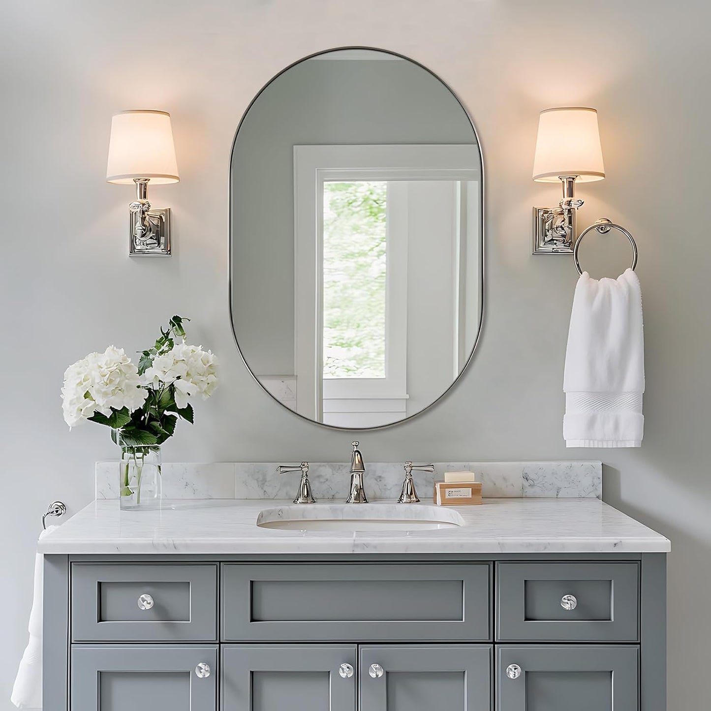 ANDY STAR 26x38’’ Brushed Nickel Oval Bathroom Mirror, Pill-Shaped Nickel Mirror Metal Framed, Stainless Steel Anti-Rust, Wall-Mounted Vertical/Horizontal