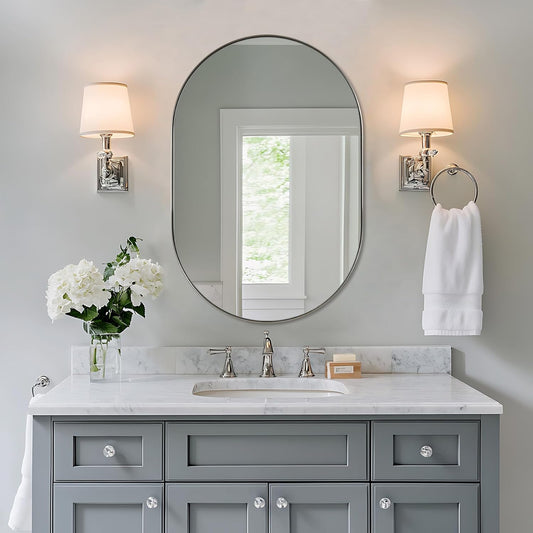 ANDY STAR 26x38’’ Brushed Nickel Oval Bathroom Mirror, Pill-Shaped Nickel Mirror Metal Framed, Stainless Steel Anti-Rust, Wall-Mounted Vertical/Horizontal
