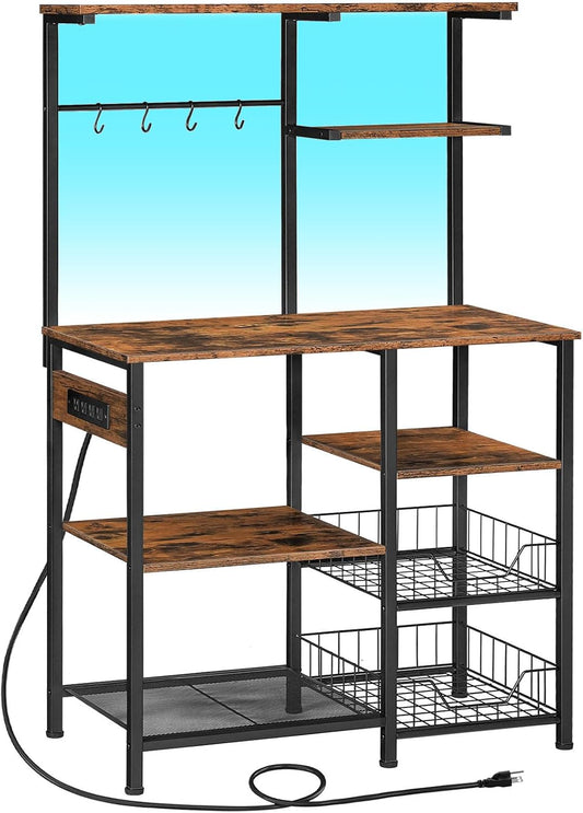 HOOBRO Bakers Rack with Power Outlet and LED Light, 6-Tier Microwave Stand with Wire Baskets, Coffee Bar Station, Kitchen Utility Storage Shelf with 4 Hooks, Rustic Brown and Black BF64UDHB01