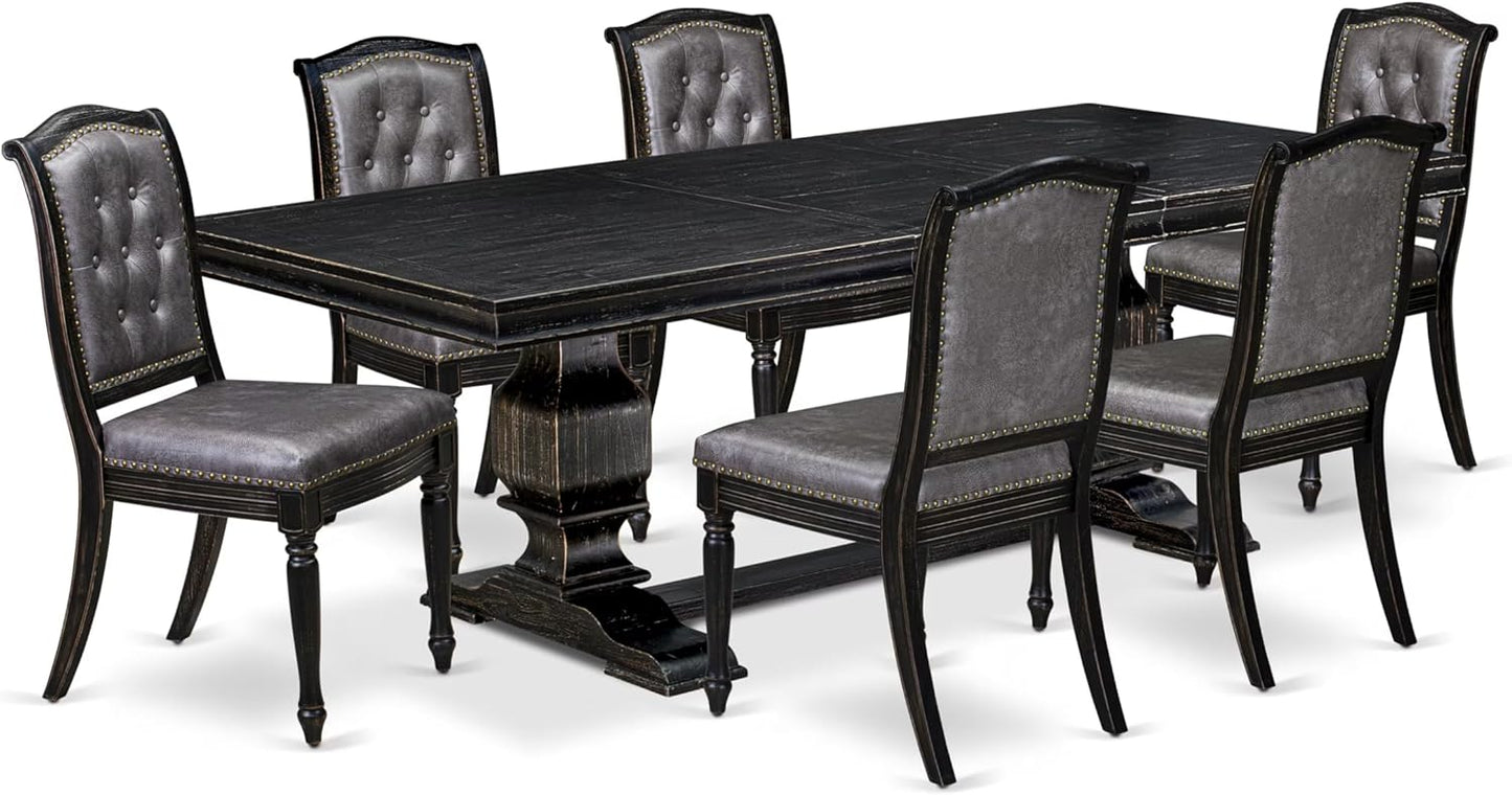 LKMA7-SBB-34-7-pc Dining Room Set Consists of a Dinner Table and 6 Dark Grey Polyester Fabric Modern Dining Chairs with Button Tufted Back - Sand Blasting Black Finish