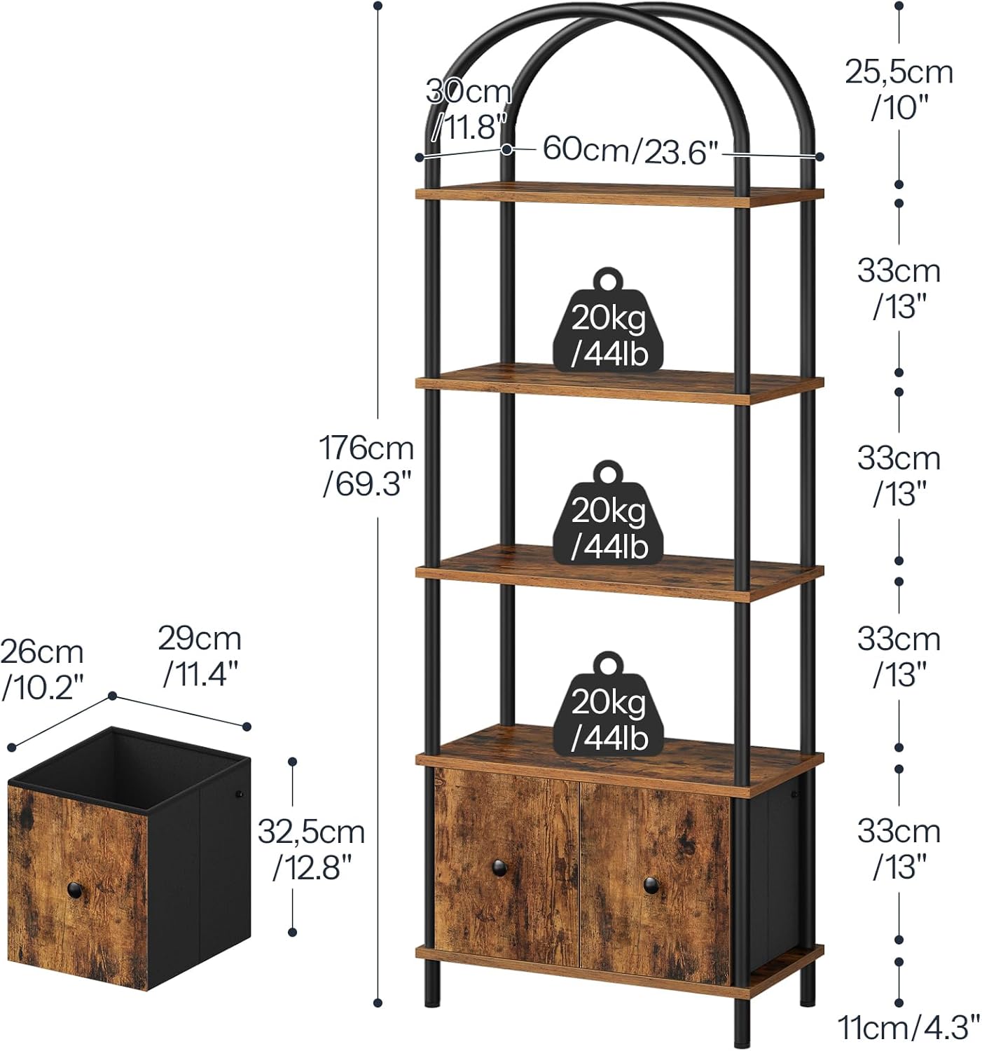 HOOBRO 5-Tier Bookshelf, Arched Bookcase with 2 Drawers, Tall Industrial Style Display Rack, Modern Standing Bookcase with Metal Frame for Office, Bedroom, Kitchen, Rustic Brown and Black BF175SJ01