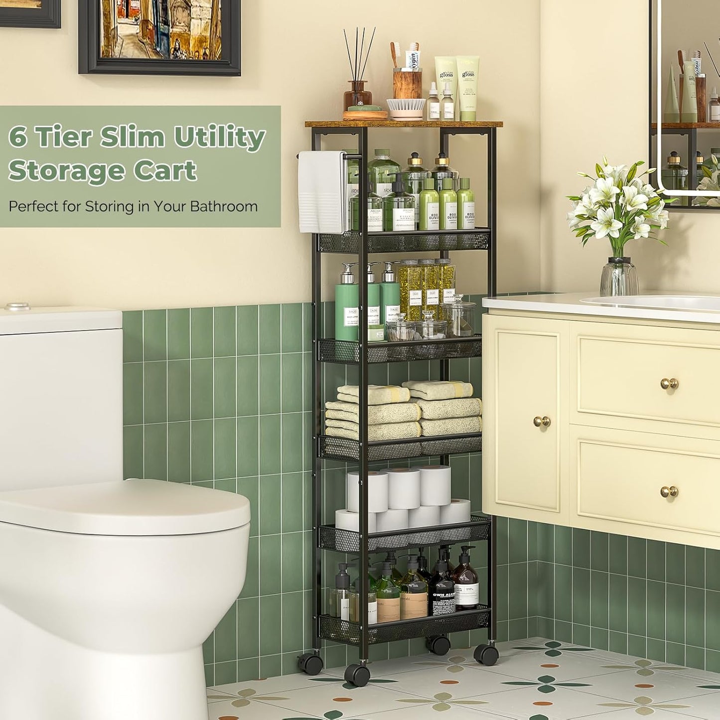 6 Tier Slim Storage Cart with Handle, Rolling Kitchen Laundry Room Storage Cart with Wooden Top, Narrow Metal Bathroom Trolley on Wheels for Small Space, Mobile Shelving Unit, 7.9in(W)