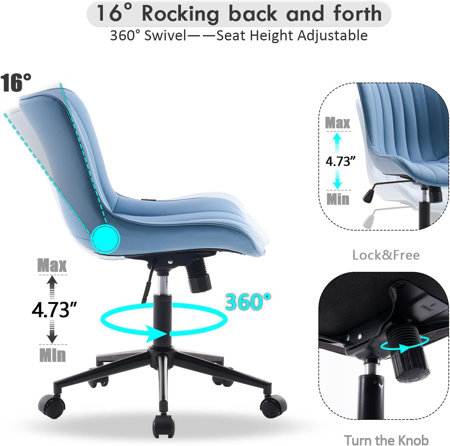 YOUNIKE Blue Home Office Desk Chair with Wheels Compact Comfy Armless Vanity Chair with Back Modern Small Leather Upholstered Rolling Task Chair Cute Computer Drafting Sewing Chair Swivel Adjustable
