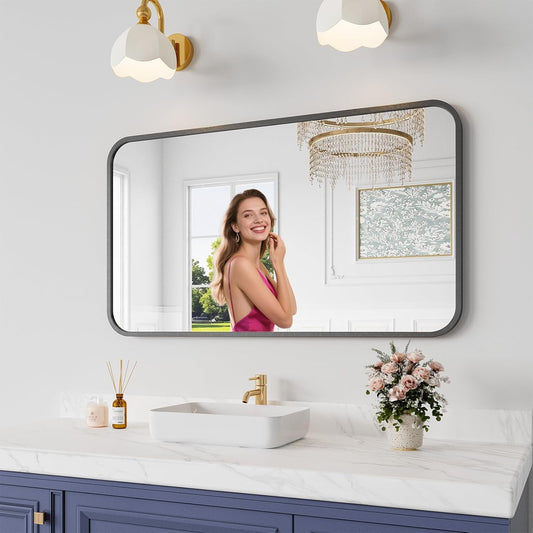 Metal Framed Bathroom Mirror, 24"X42" Anti-Rust Bathroom Vanity Mirror, High-Definition Tempered Glass Bathroom Mirrors for Over Sink, Modern Decorative Wall Mirror for Restroom
