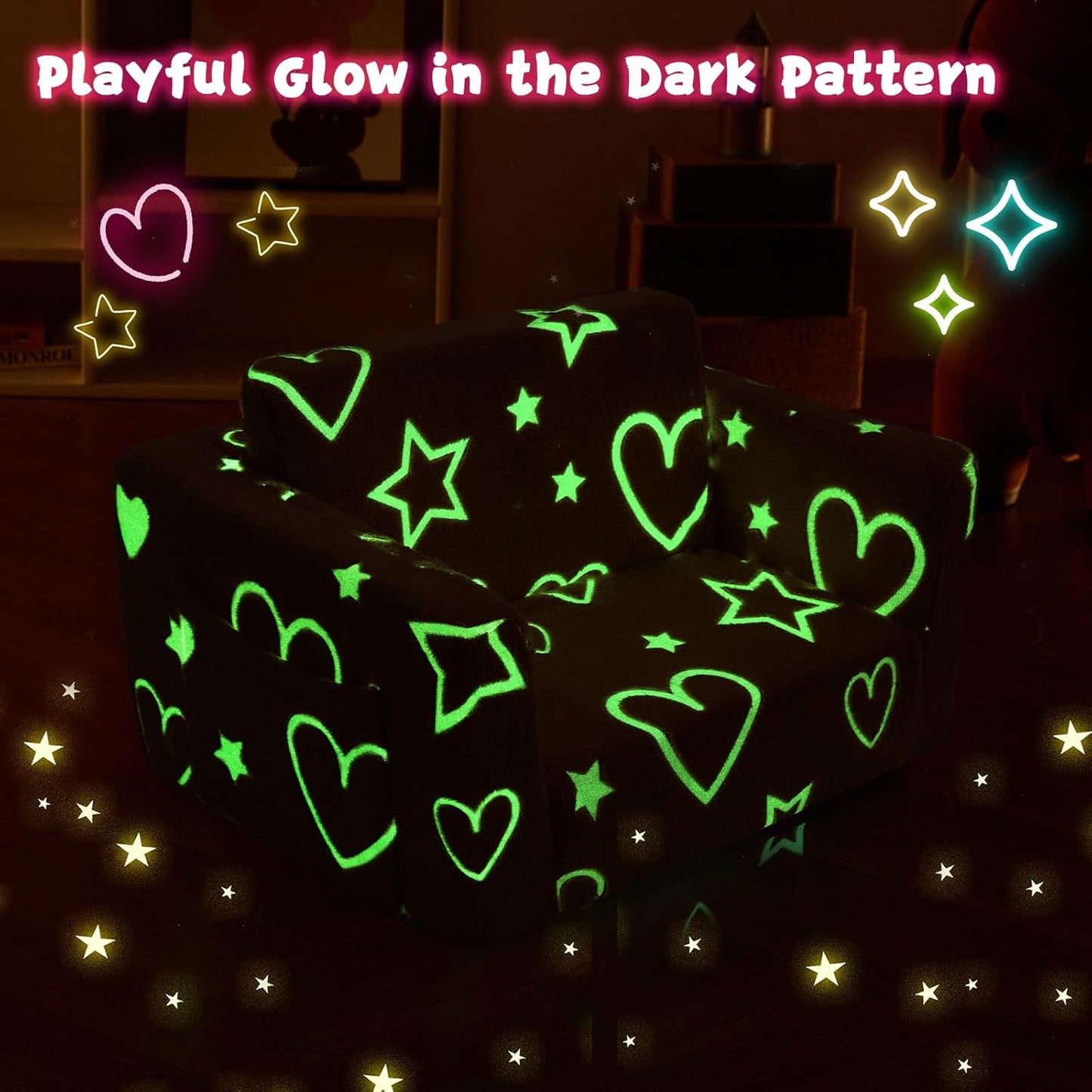 Toddler Chair Comfy,2-in-1 Soft Toddler Couch Fold Out for Kids,Convertible Sofa to Lounger,Gift for Girls and Boys Birthday,Heart,Medium