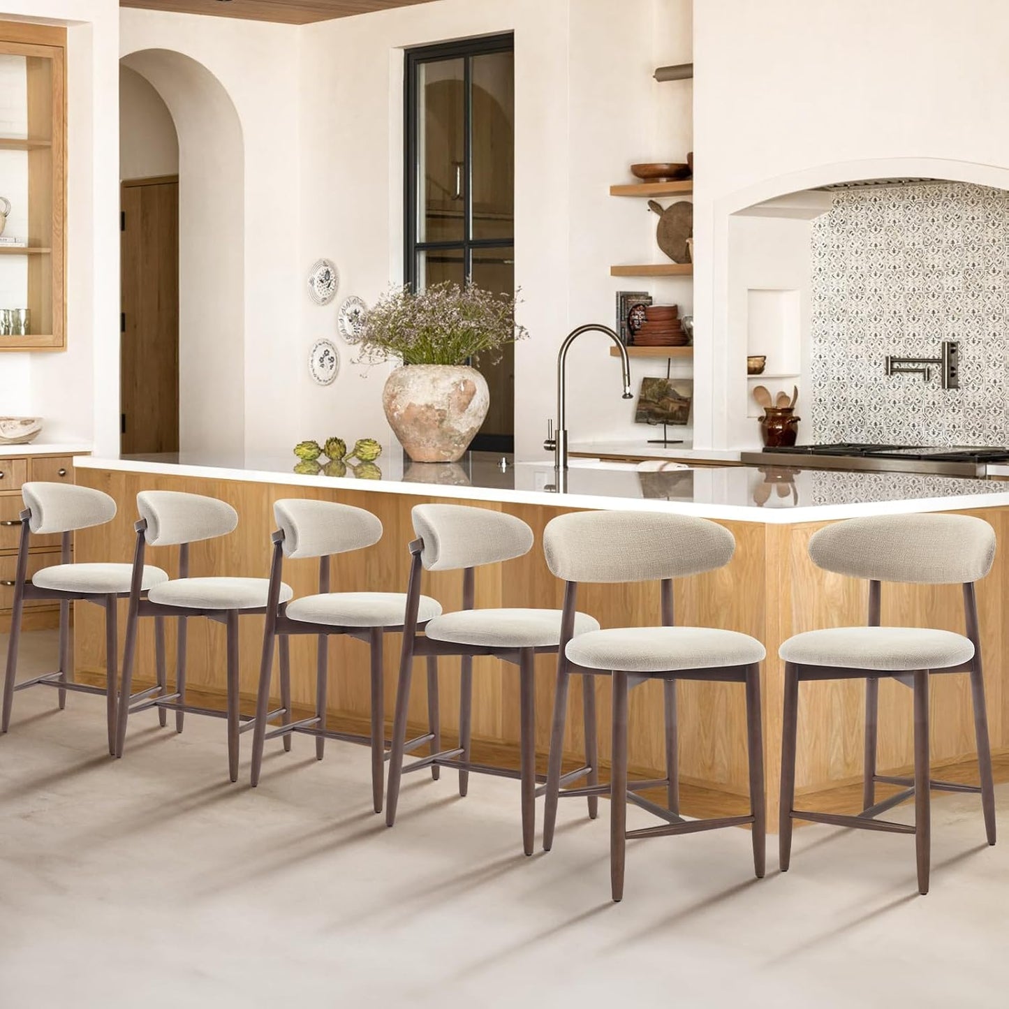 Upholstered Counter Height Bar Stools Set of 6, Kitchen Island Stools with Back, Modern Counter Stools Island Bar Chairs with Wood Legs for Kitchen Island Dining Room Bar, Beige