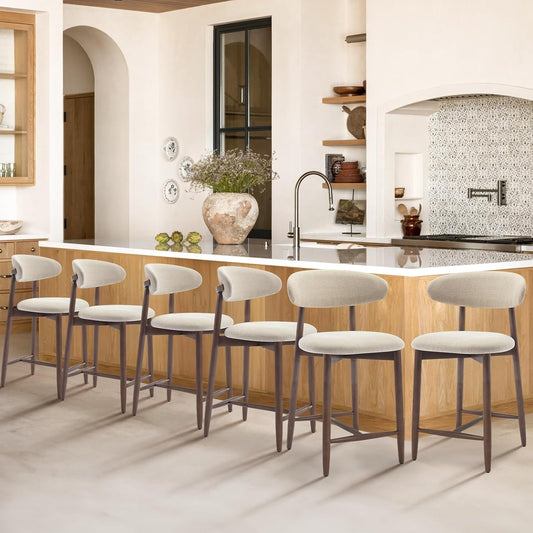 COLAMY Counter Height Bar Stools Set of 6, Kitchen Bar Stools with Back, Mid Century Modern Upholstered Stools, with Wood Legs for Kitchen Island Dining Room, Beige