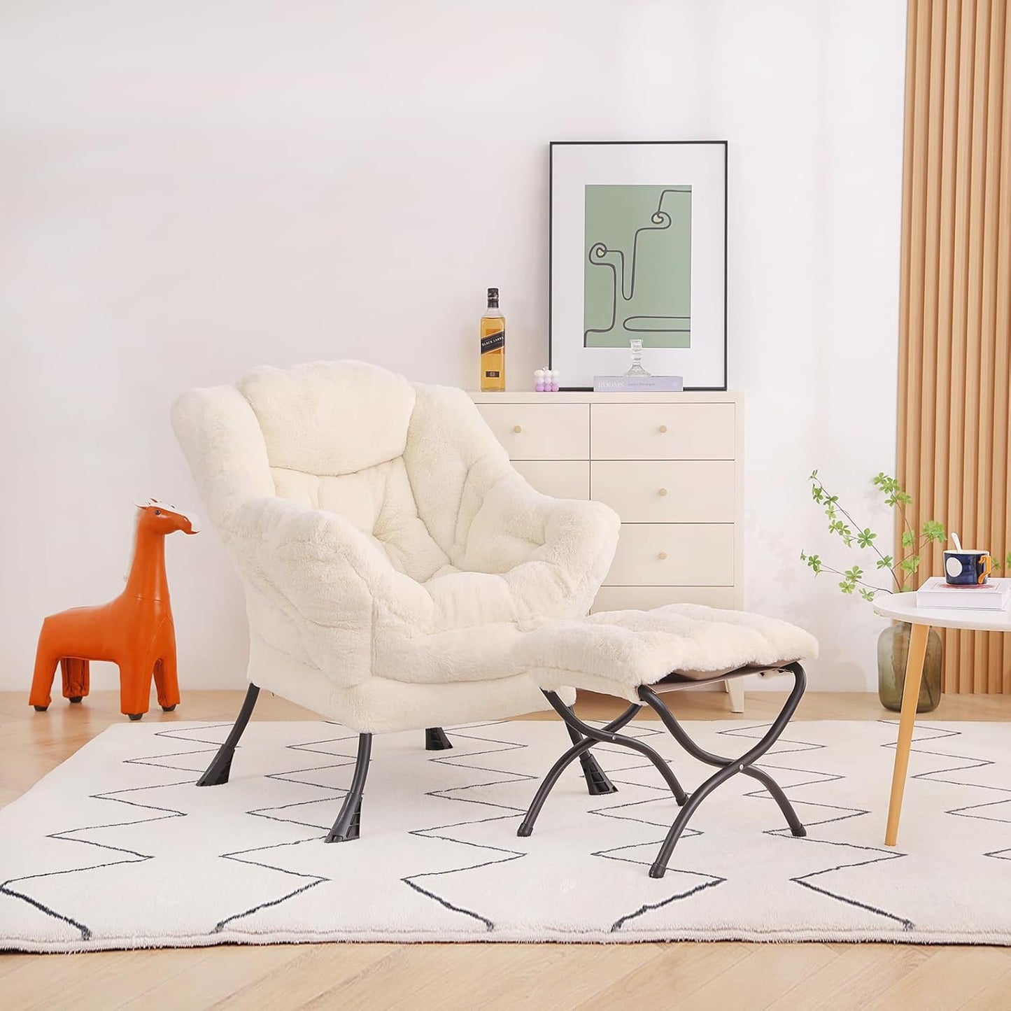 Lazy Chair with Ottoman, Modern Accent Chair Lounge Leisure Sofa Chair with Armrests, Reading Chair and Folding Footstool for Living Room, Bedroom, Office, Plush Beige