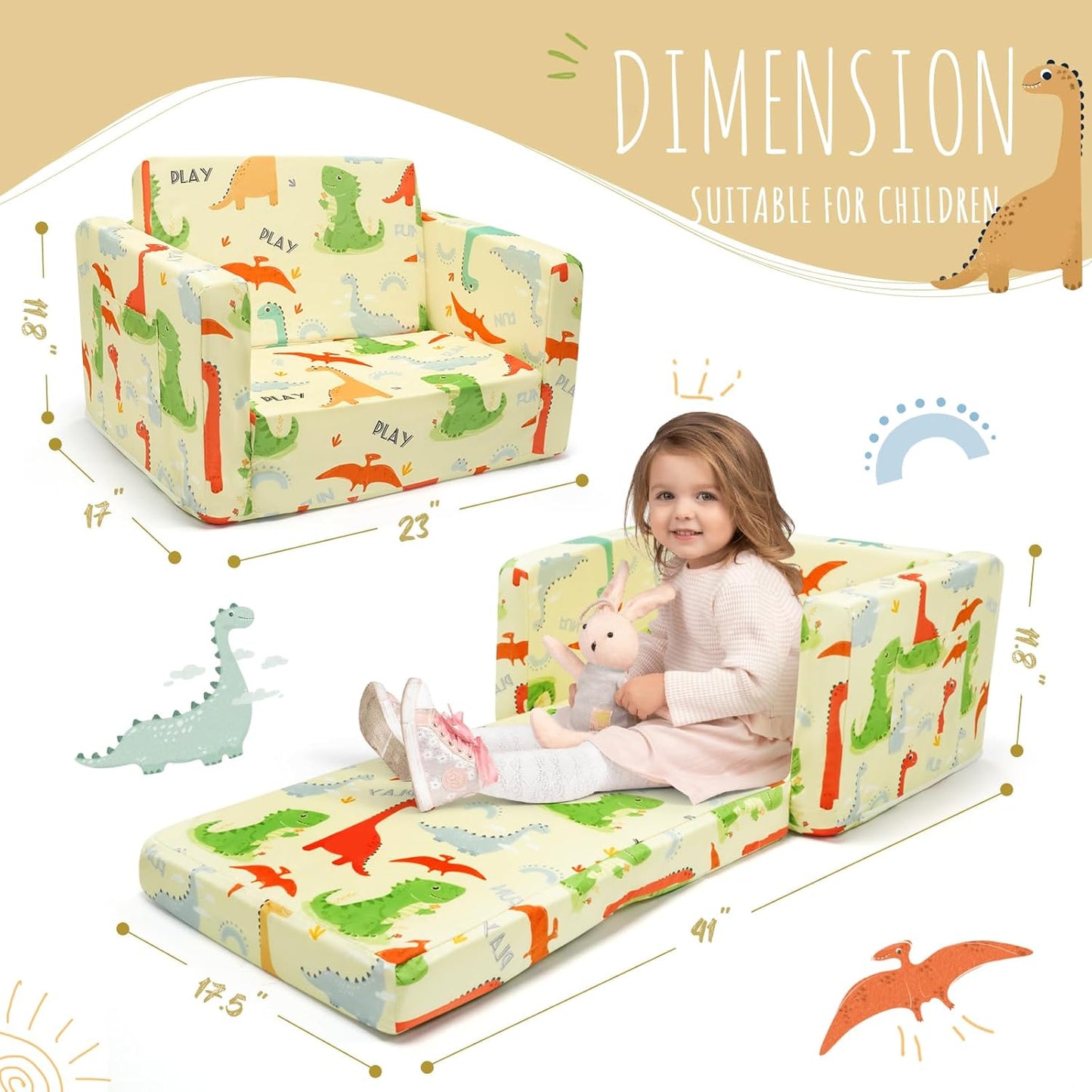 Dinosaur Kids Sofa Bed,Diary Kids Couch- Convertible 2-in-1 Lounger with Detachable Washable Cover, Foldable Toddler Chair, Flannel-Covered Toddler Armchair for Bedroom, Playroom, Naps & Travel