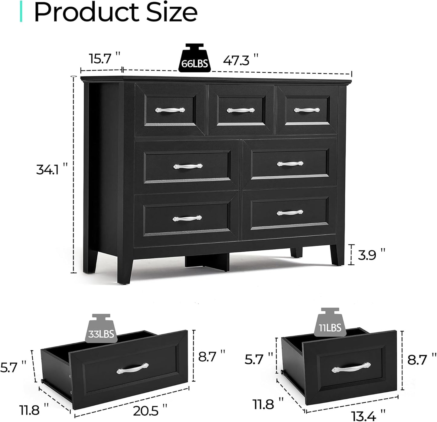 LINSY HOME 7 Drawers Dresser for Bedroom, 47" Wide Wooden Storage Chest with Antique Handles, Modern Farmhouse Dresser TV Stand with Wood Legs for Closet, Living Room, Hallway, Black