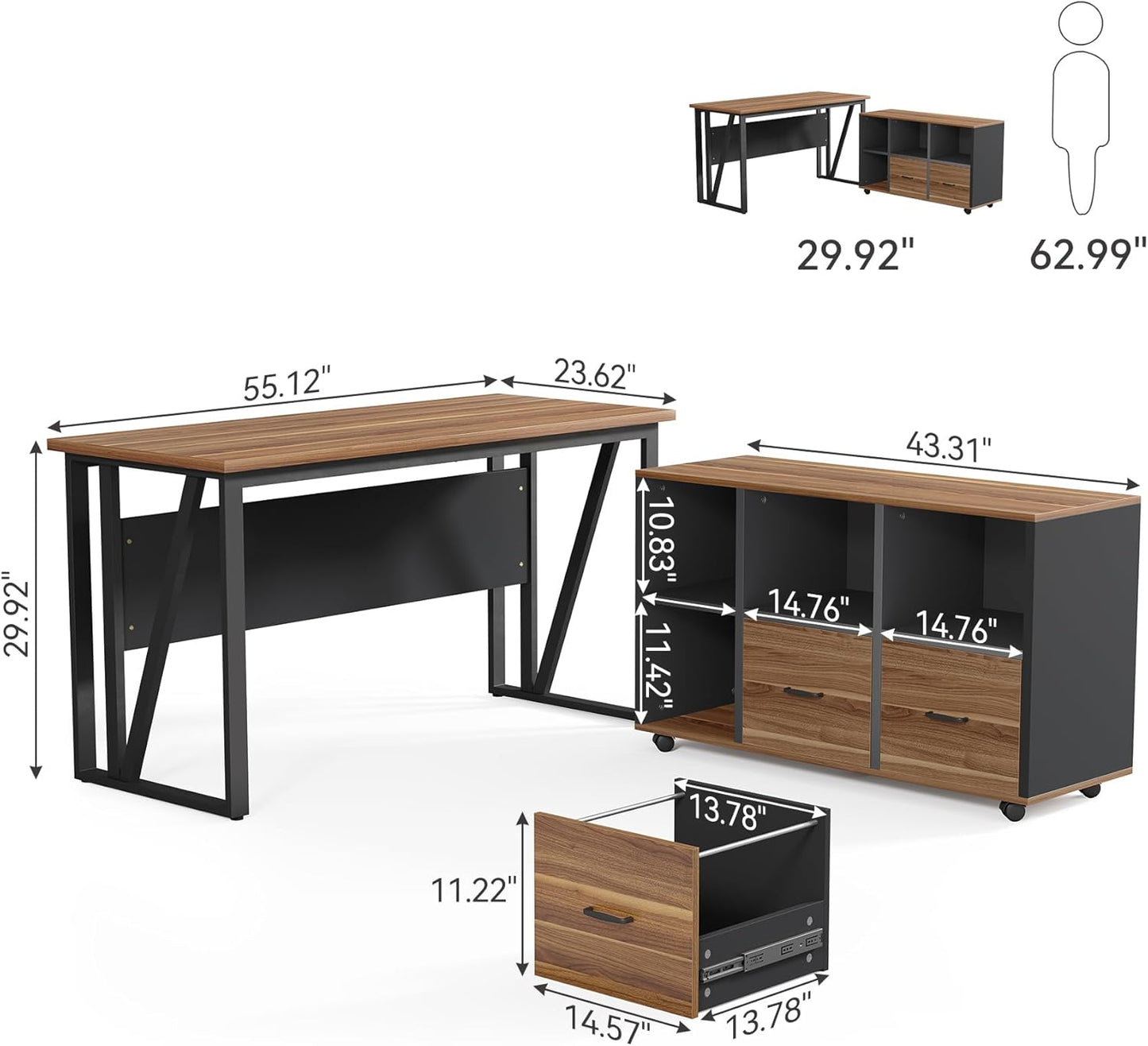 LITTLE TREE 55-Inch L-Shaped Computer Desk, Large Corner Desk with Drawers, Modern Office Workstation Study Desk, Corner Computer Desk for Home Office, Bedroom, Brown